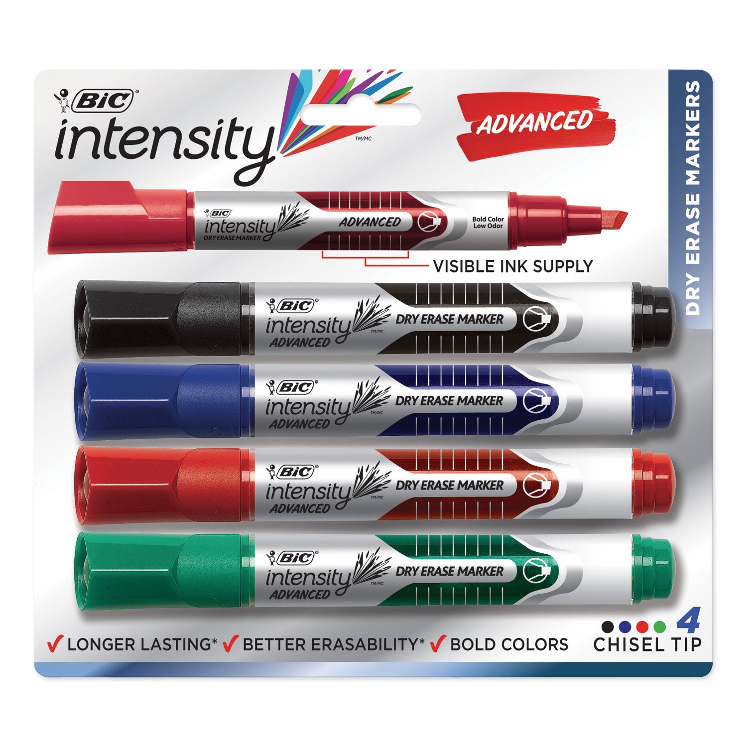Intensity Advanced Dry Erase Marker, Tank-Style, Broad Chisel Tip, Assorted Colors, 4/Pack -