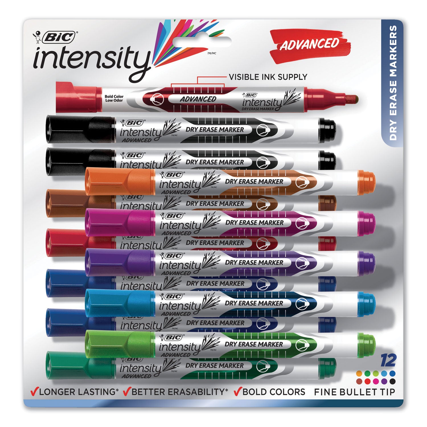 Intensity Advanced Dry Erase Marker, Pocket-Style, Medium Bullet Tip, Assorted Colors, Dozen -
