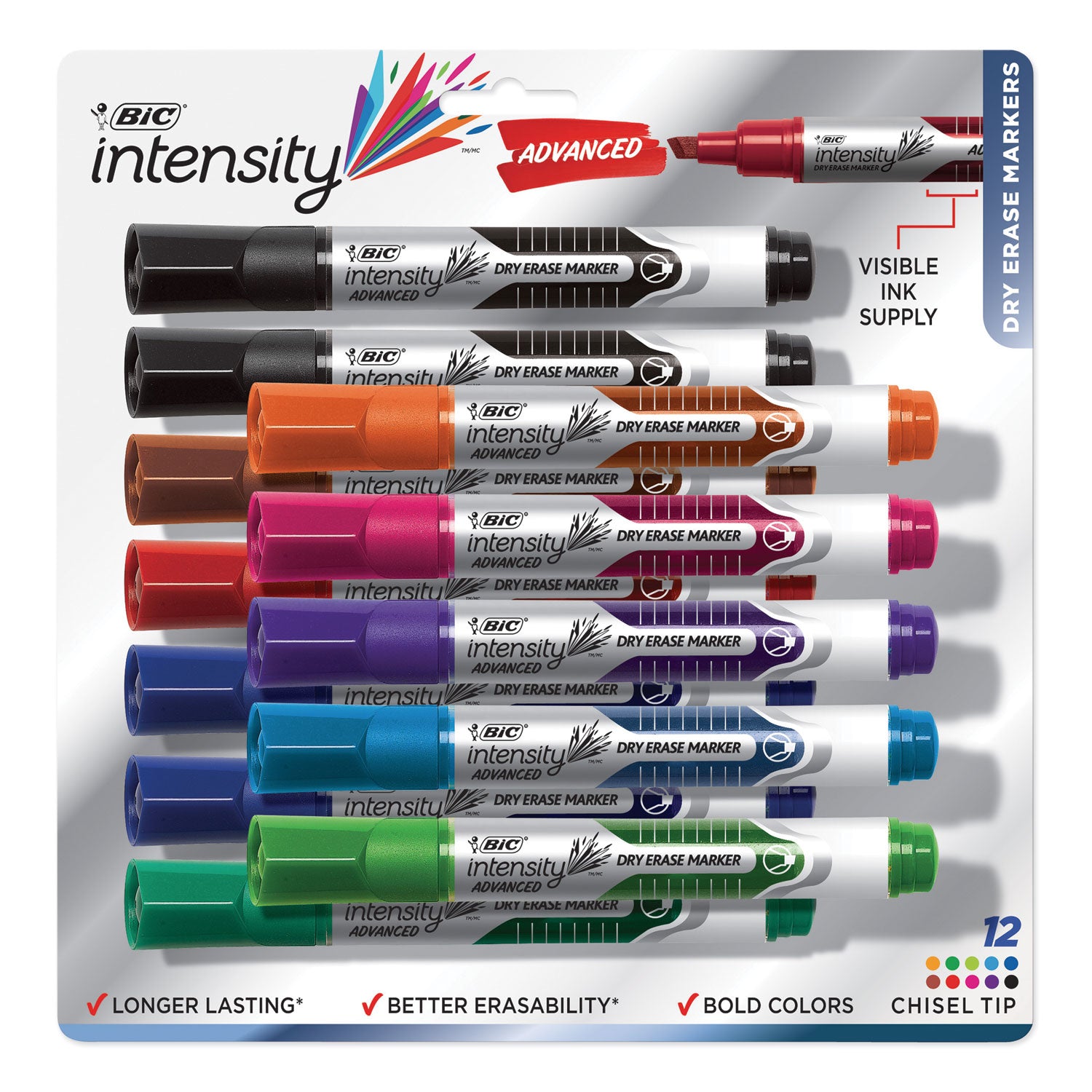Intensity Advanced Dry Erase Marker, Tank-Style, Broad Chisel Tip, Assorted Colors, Dozen -