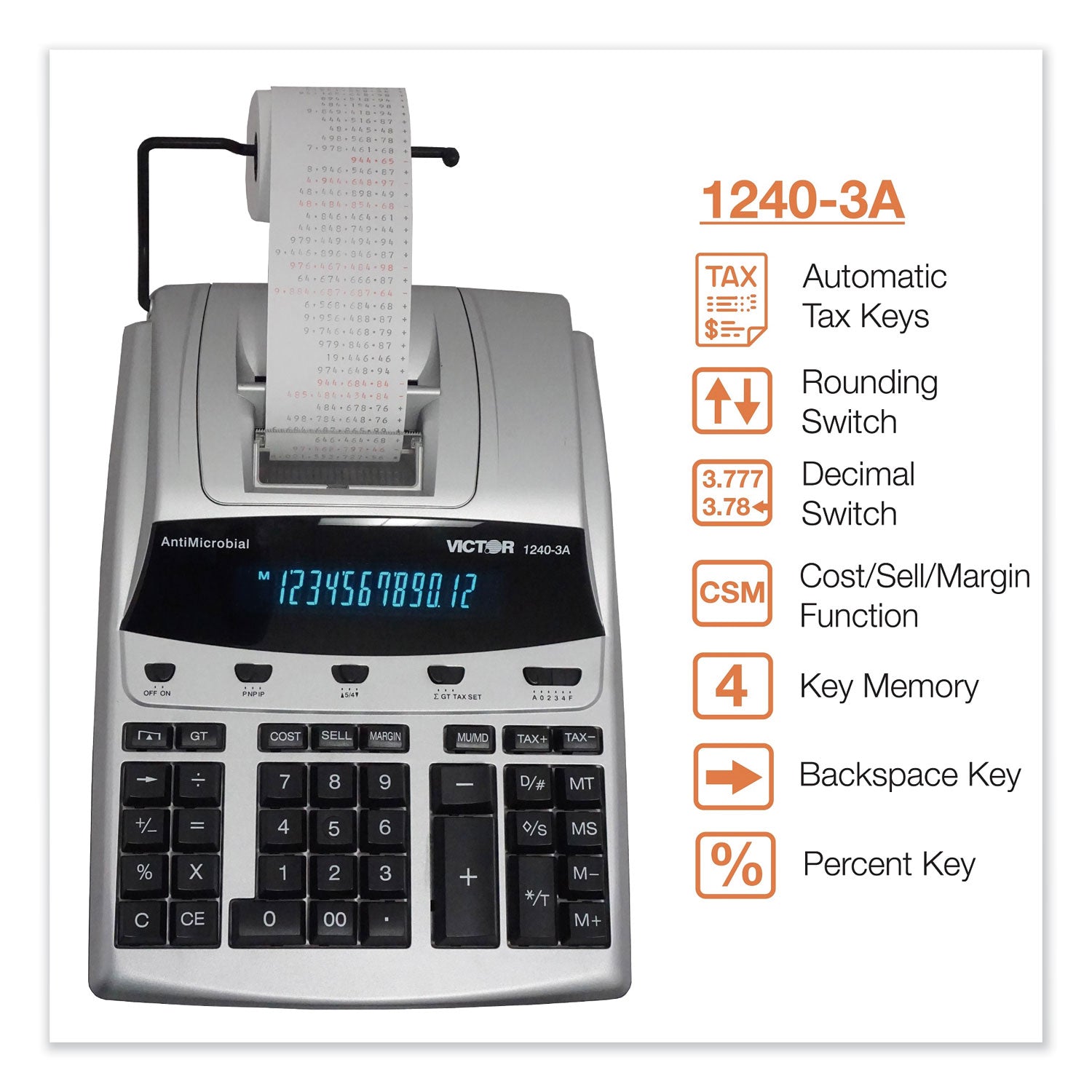 1240-3A Antimicrobial Printing Calculator, Black/Red Print, 4.5 Lines/Sec -