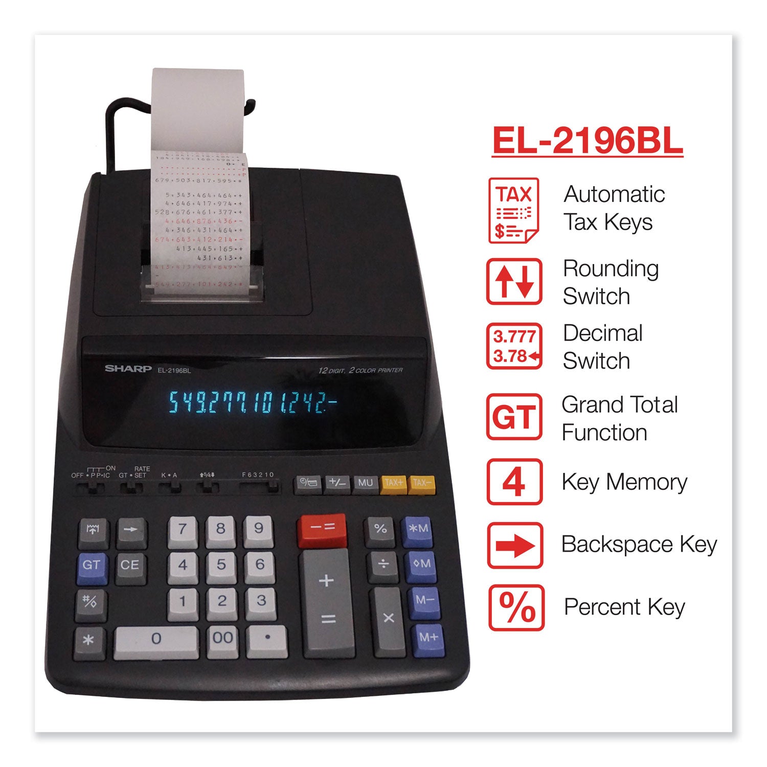 EL2196BL Two-Color Printing Calculator, Black/Red Print, 3.7 Lines/Sec -