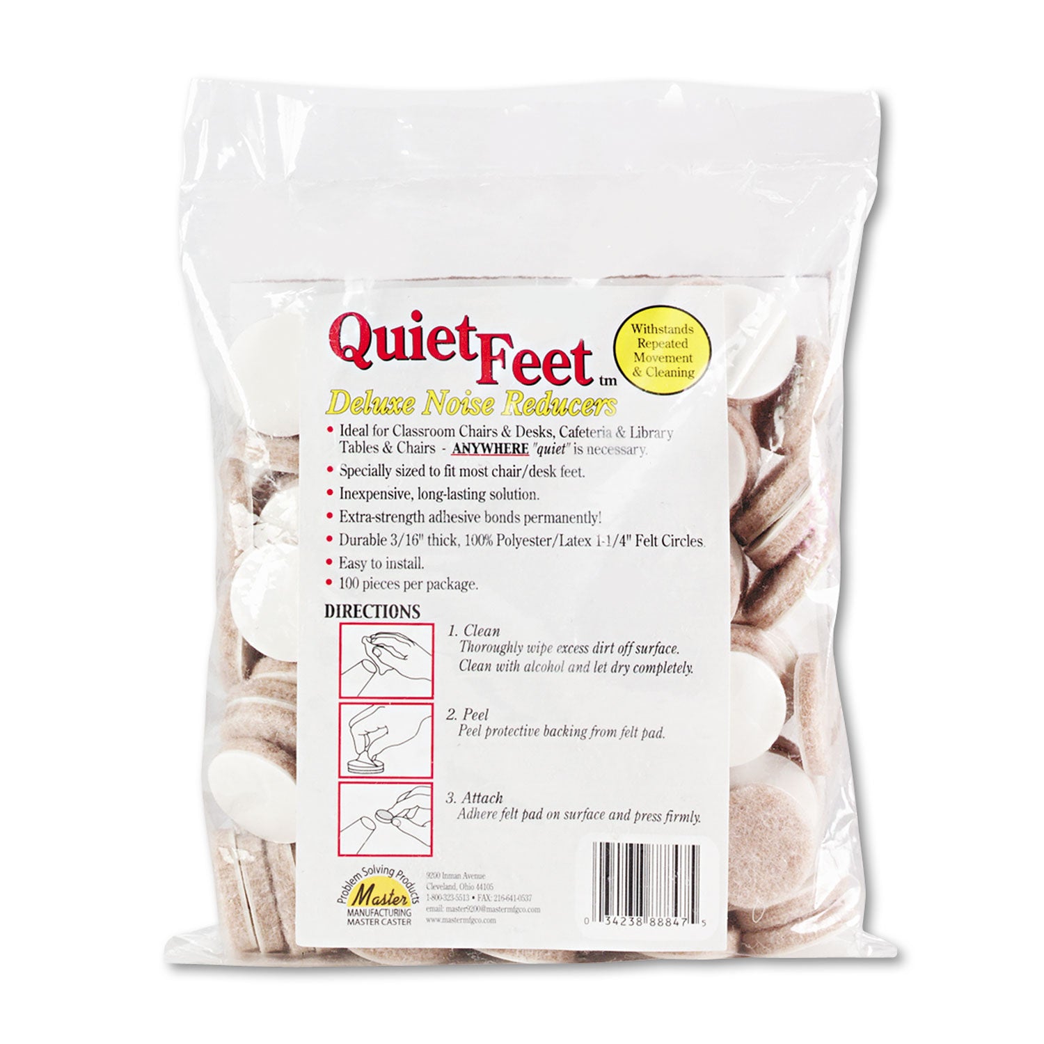 Quiet Feet Deluxe Noise Reducers, 1.25" dia, Circular, Beige, 100/Pack -
