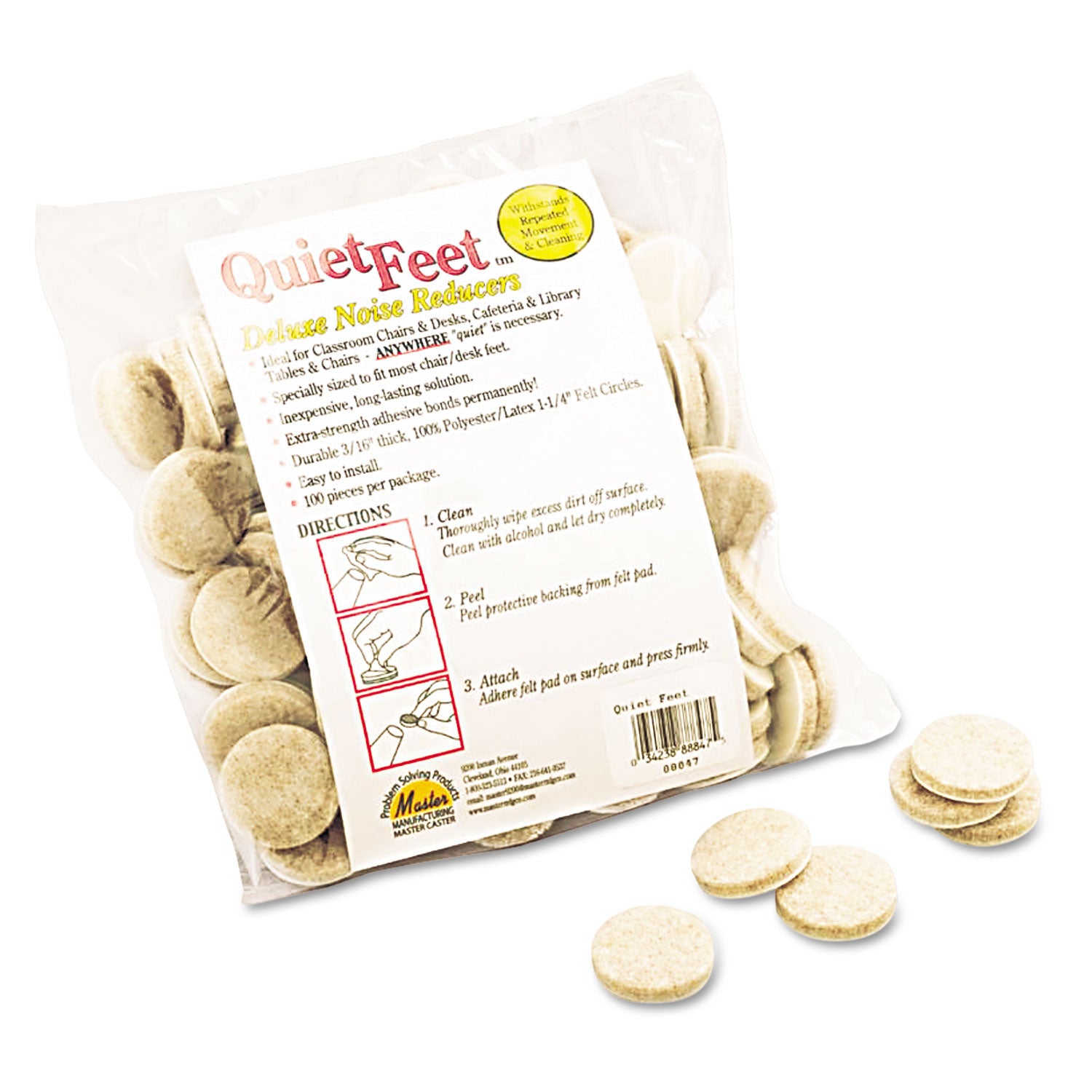 Quiet Feet Deluxe Noise Reducers, 1.25" dia, Circular, Beige, 100/Pack -
