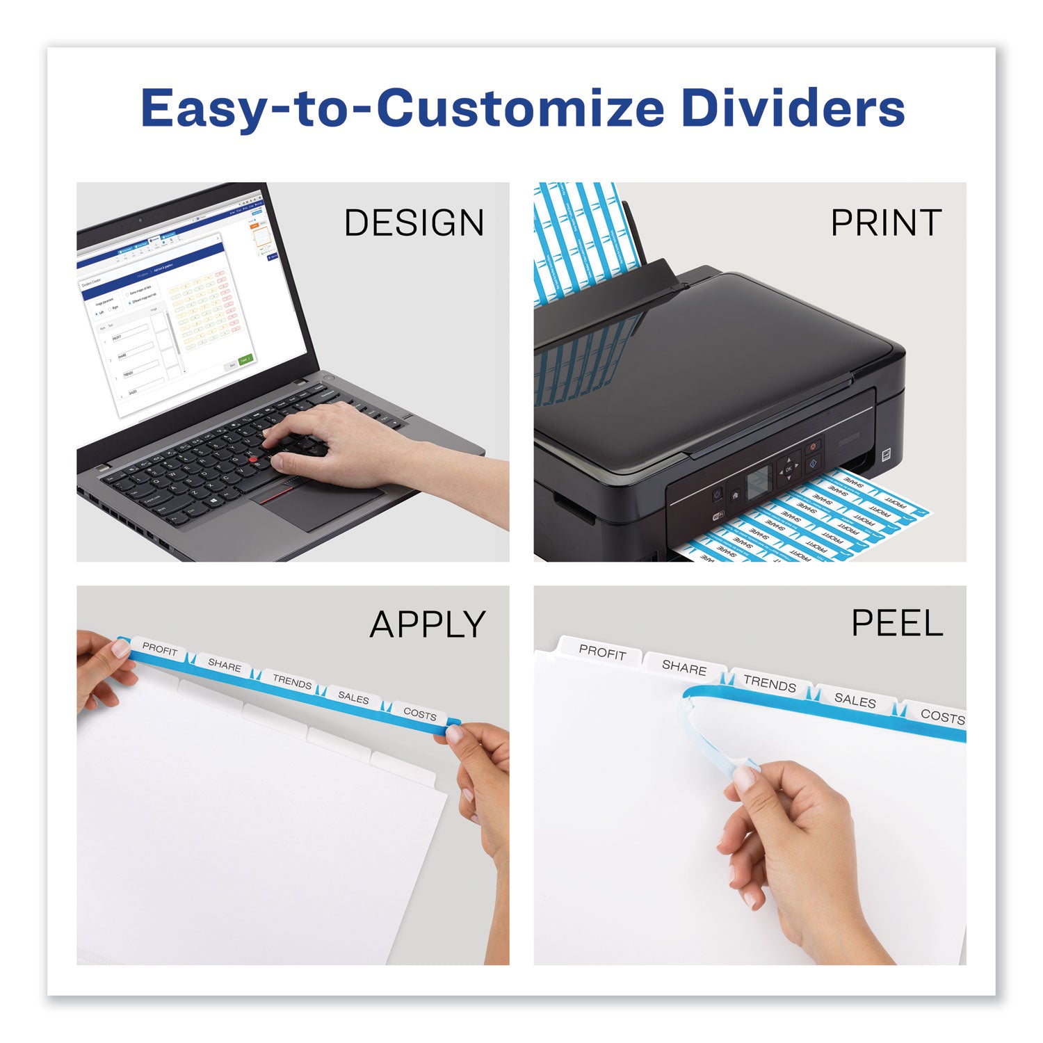 Print and Apply Index Maker Clear Label Dividers, 5-Tab, Color Tabs, 11 x 8.5, White, Blue Tabs, 5 Sets -
