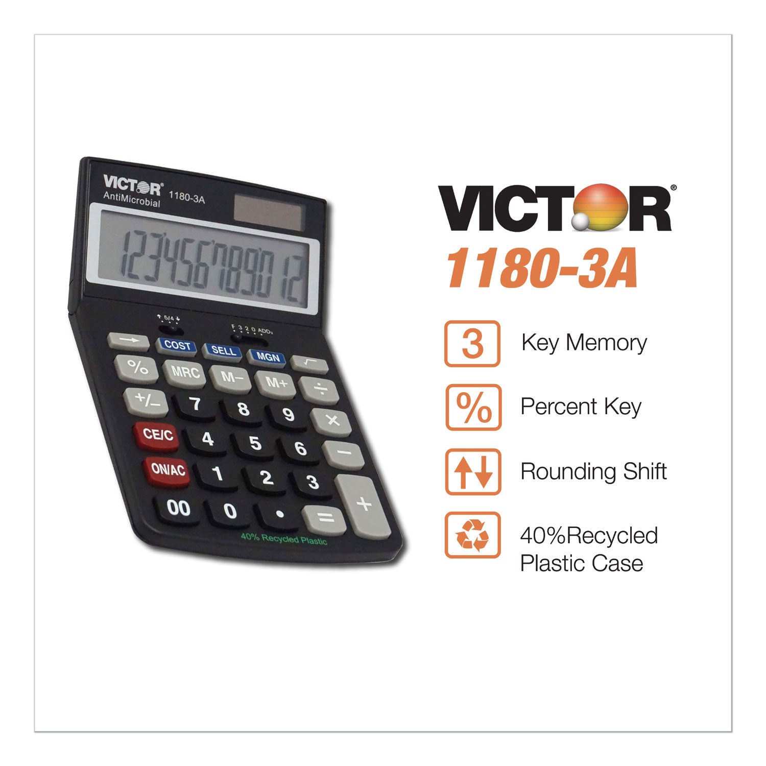 1180-3A Antimicrobial Desktop Calculator, 12-Digit LCD -