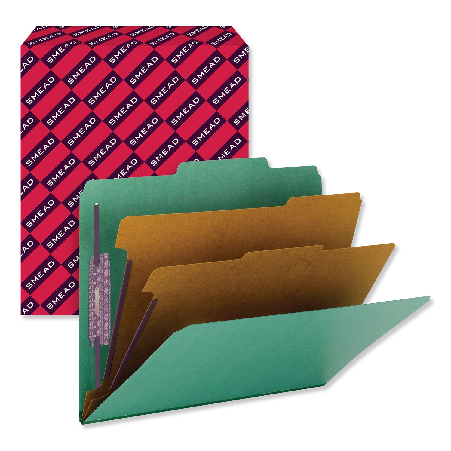 Six-Section Pressboard Top Tab Classification Folders, Six SafeSHIELD Fasteners, 2 Dividers, Letter Size, Green, 10/Box -