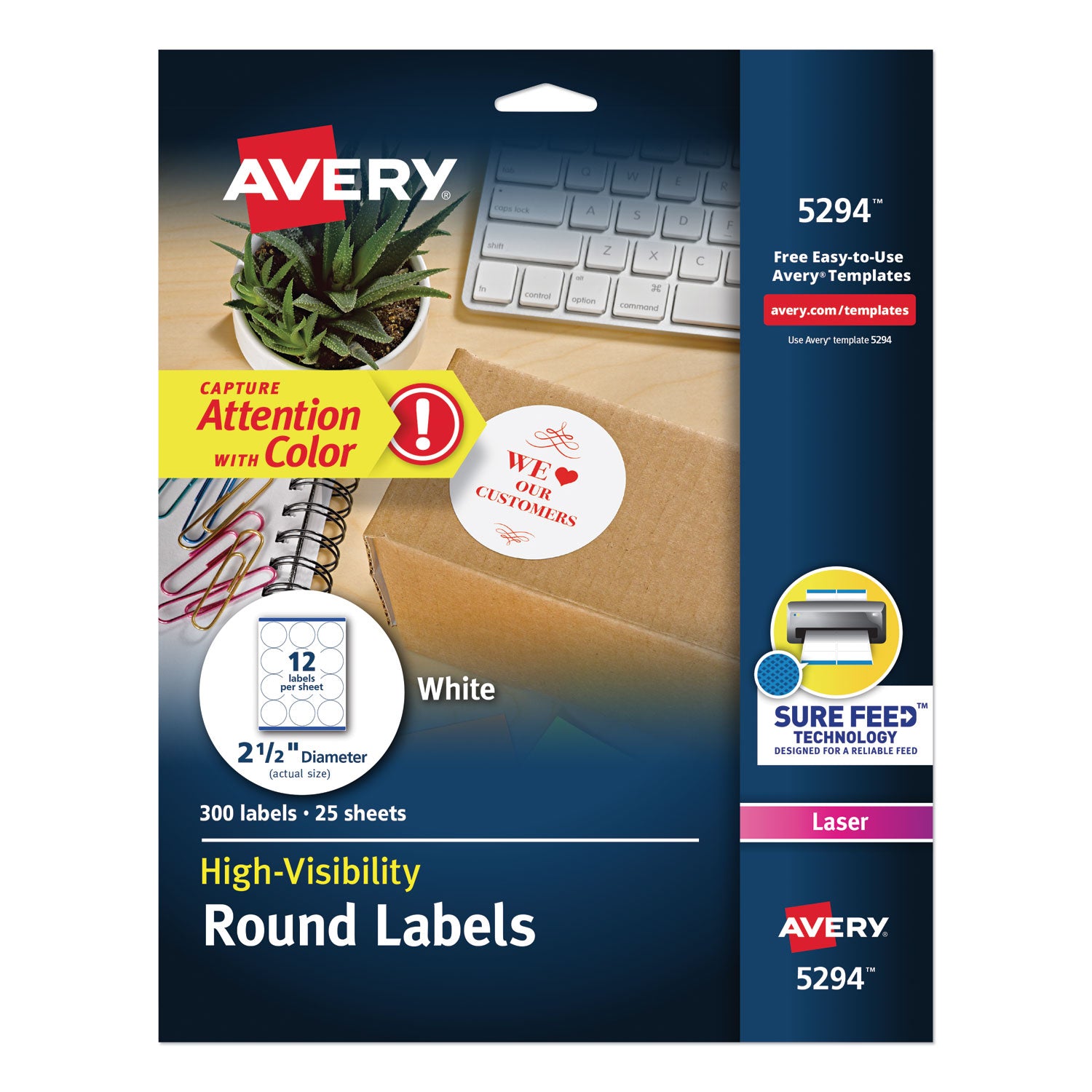 Permanent Laser Print-to-the-Edge ID Labels w/SureFeed, 2 1/2"dia, White, 300/PK -