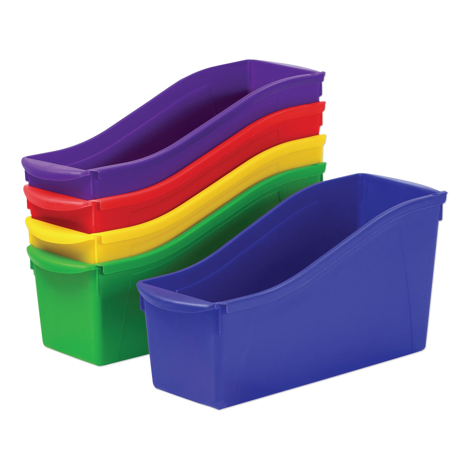 Interlocking Book Bins with Clear Label Pouches, 4.75" x 12.63" x 7", Assorted Colors, 5/Pack -