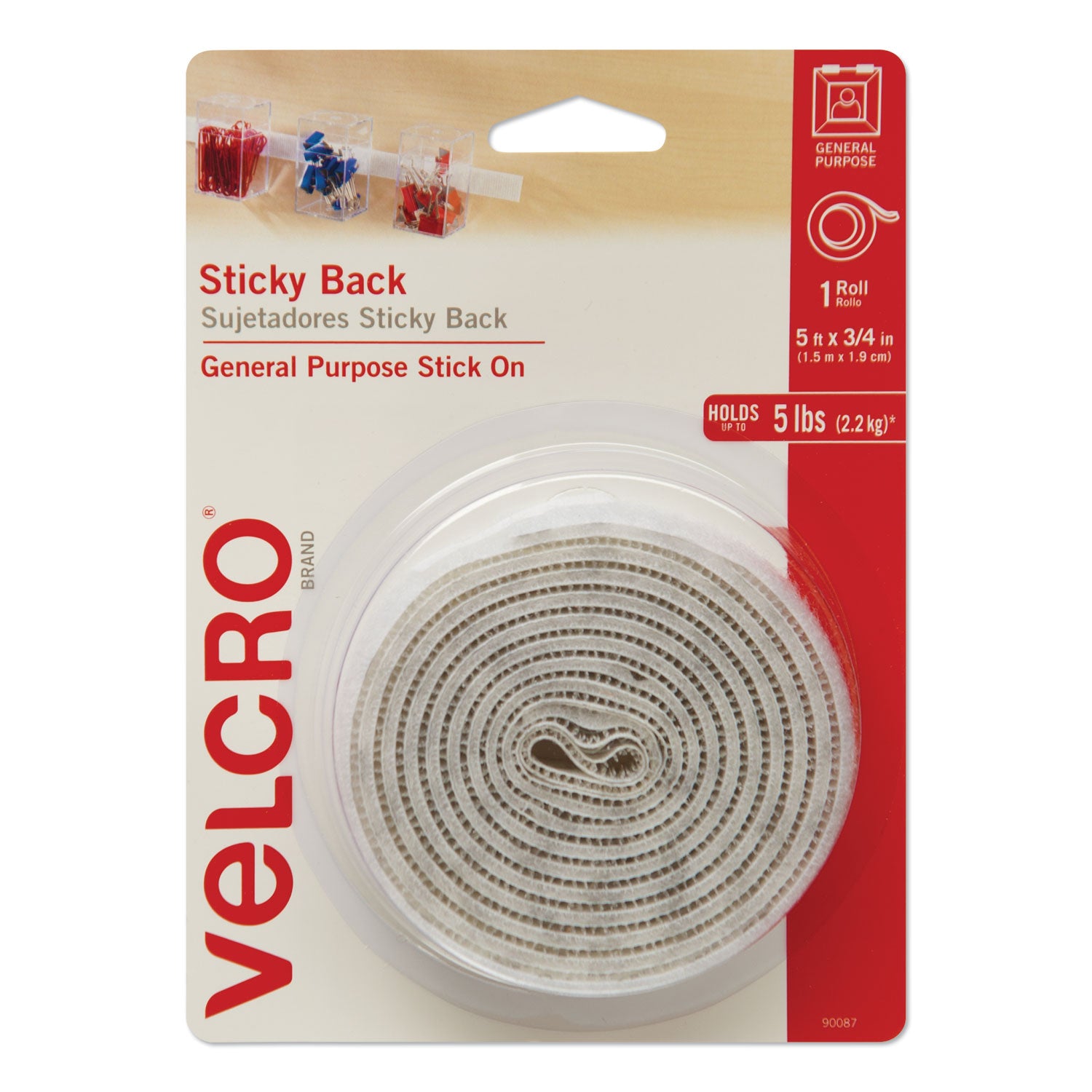 Sticky-Back Fasteners with Dispenser, Removable Adhesive, 0.75" x 5 ft, White -