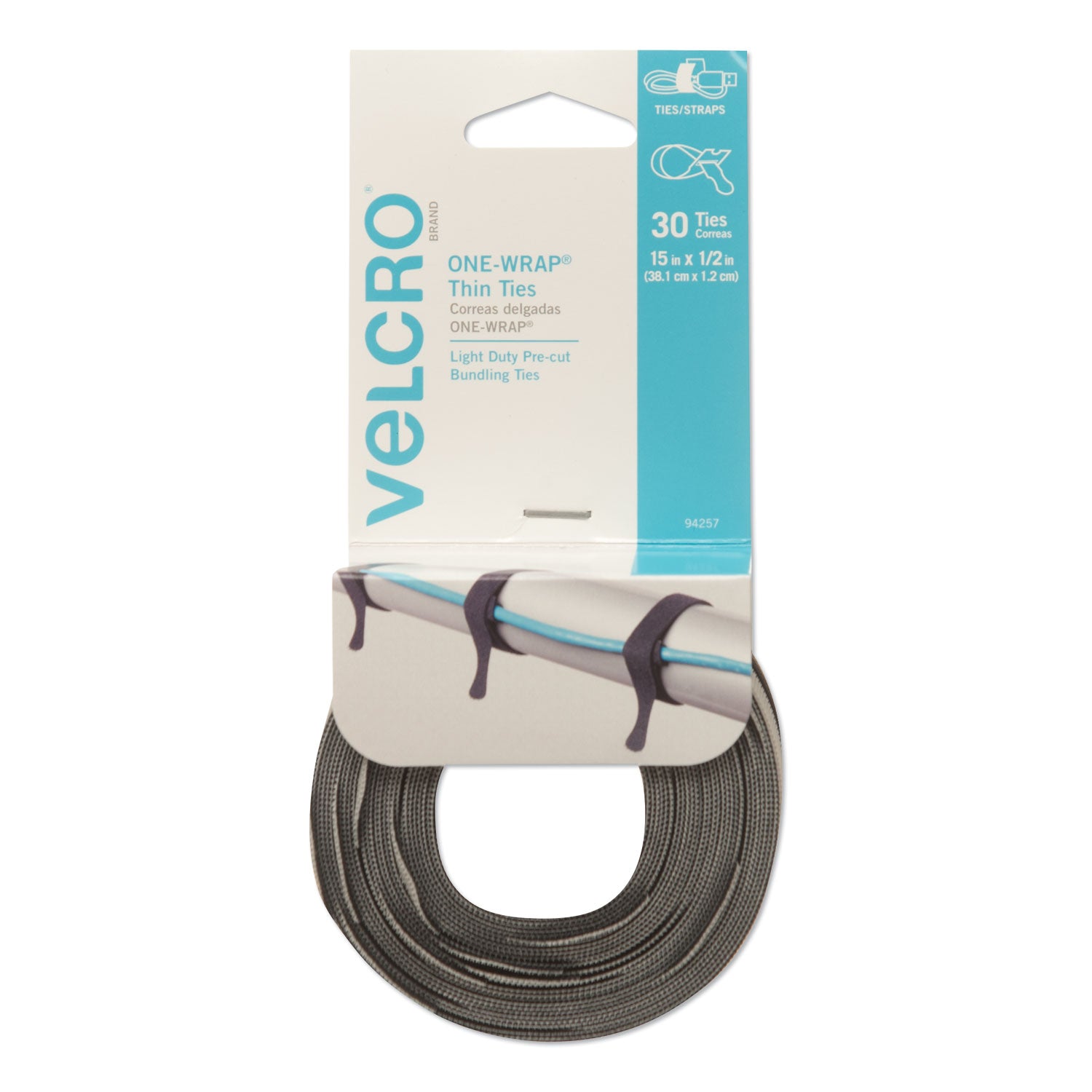 ONE-WRAP Pre-Cut Thin Ties, 0.5" x 15", Black/Gray, 30/Pack -
