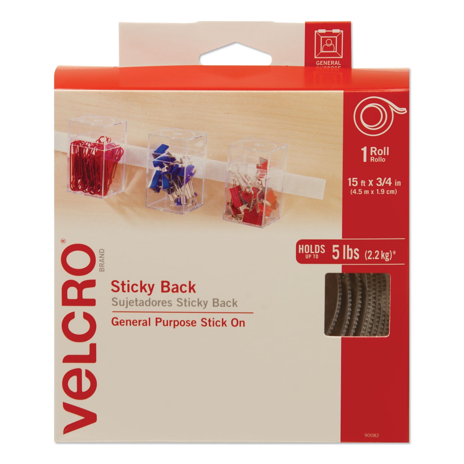 Sticky-Back Fasteners with Dispenser, Removable Adhesive, 0.75" x 15 ft, White -