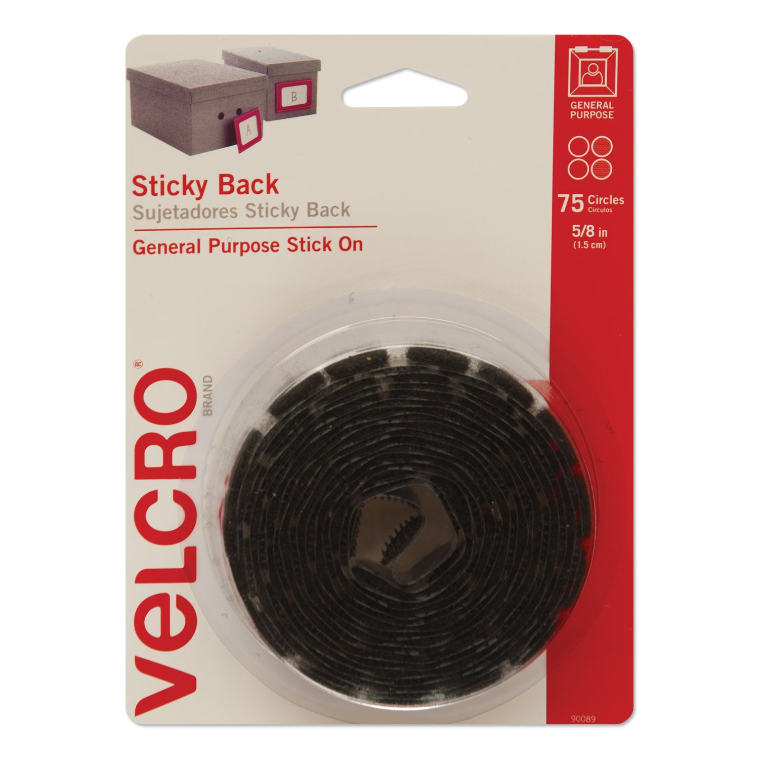 Sticky-Back Fasteners, Removable Adhesive, 0.63" dia, Black, 75/Pack -
