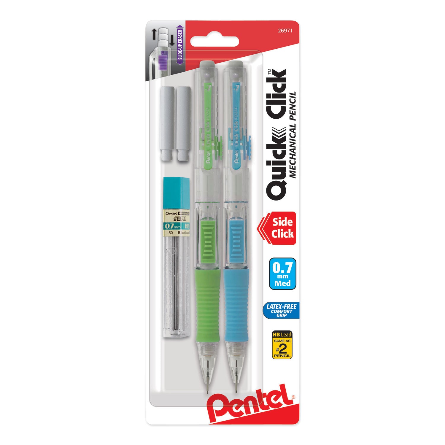 quick-click-mechanical-pencils-with-tube-of-lead-erasers-07-mm-hb-#2-black-lead-assorted-barrel-colors-2-pack_penpd217lebp2 - 1