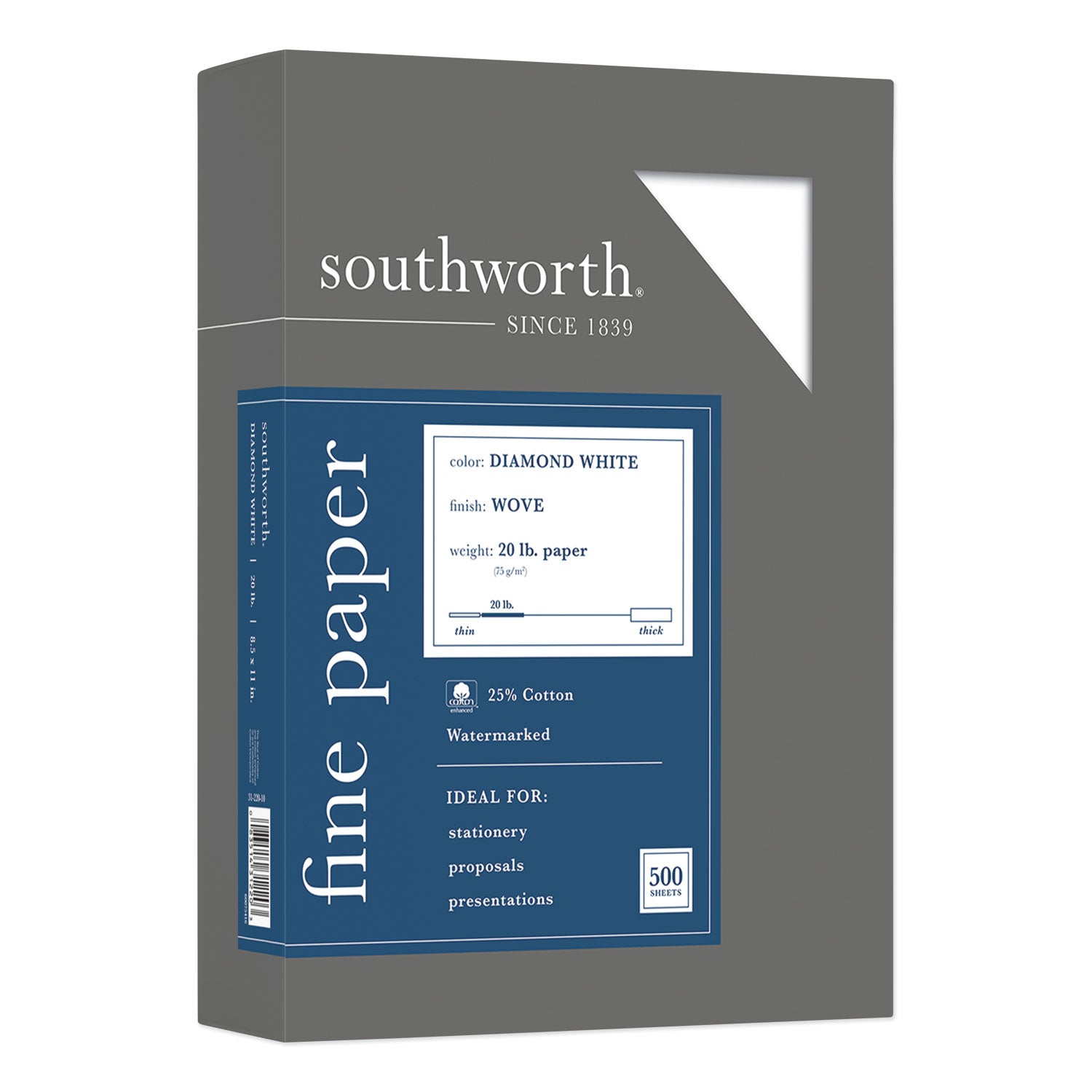 25% Cotton Diamond White Business Paper, 95 Bright, 20 lb Bond Weight, 8.5 x 11, 500/Ream -