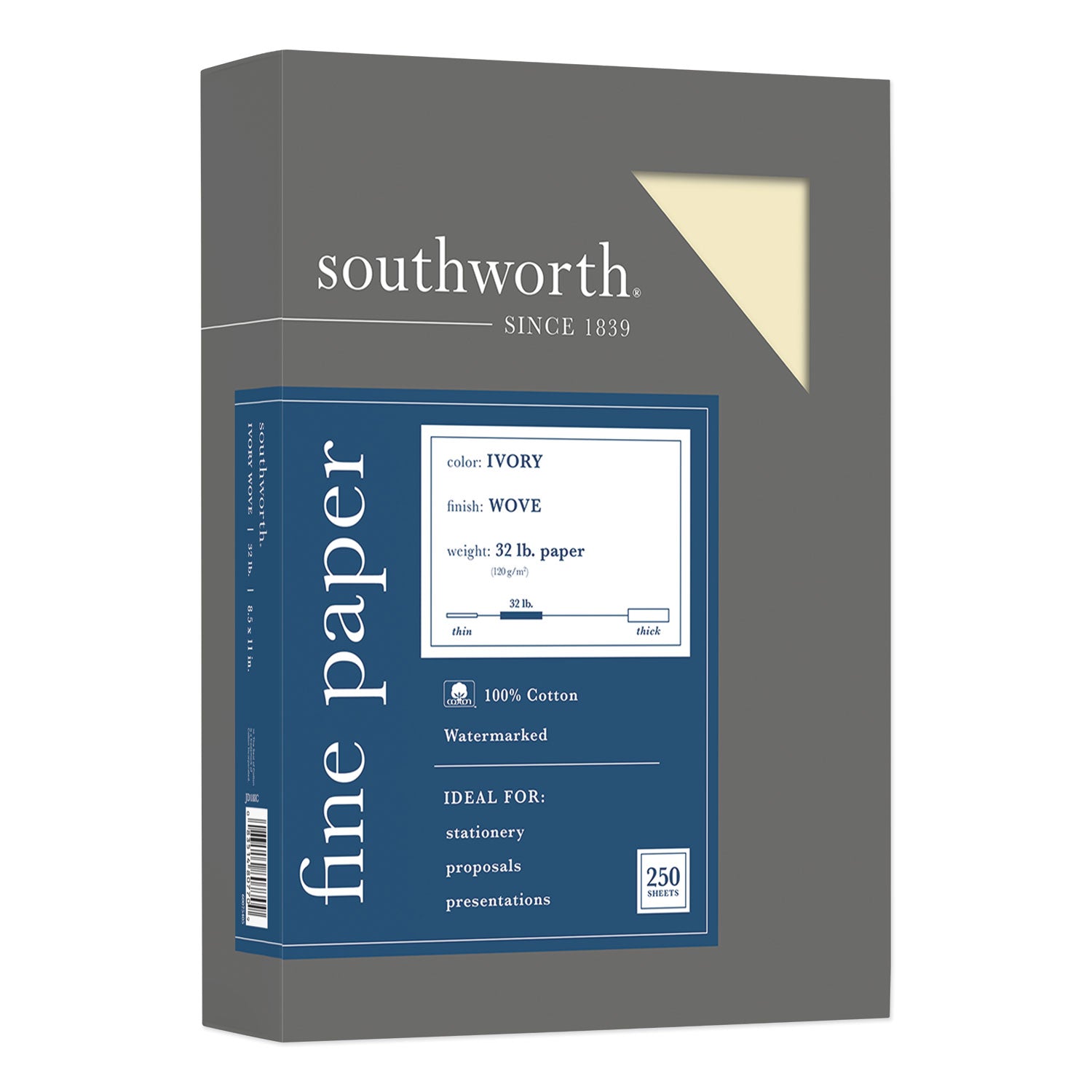 100% Cotton Business Paper, 32 lb Bond Weight, 8.5 x 11, Ivory, 250/Pack -