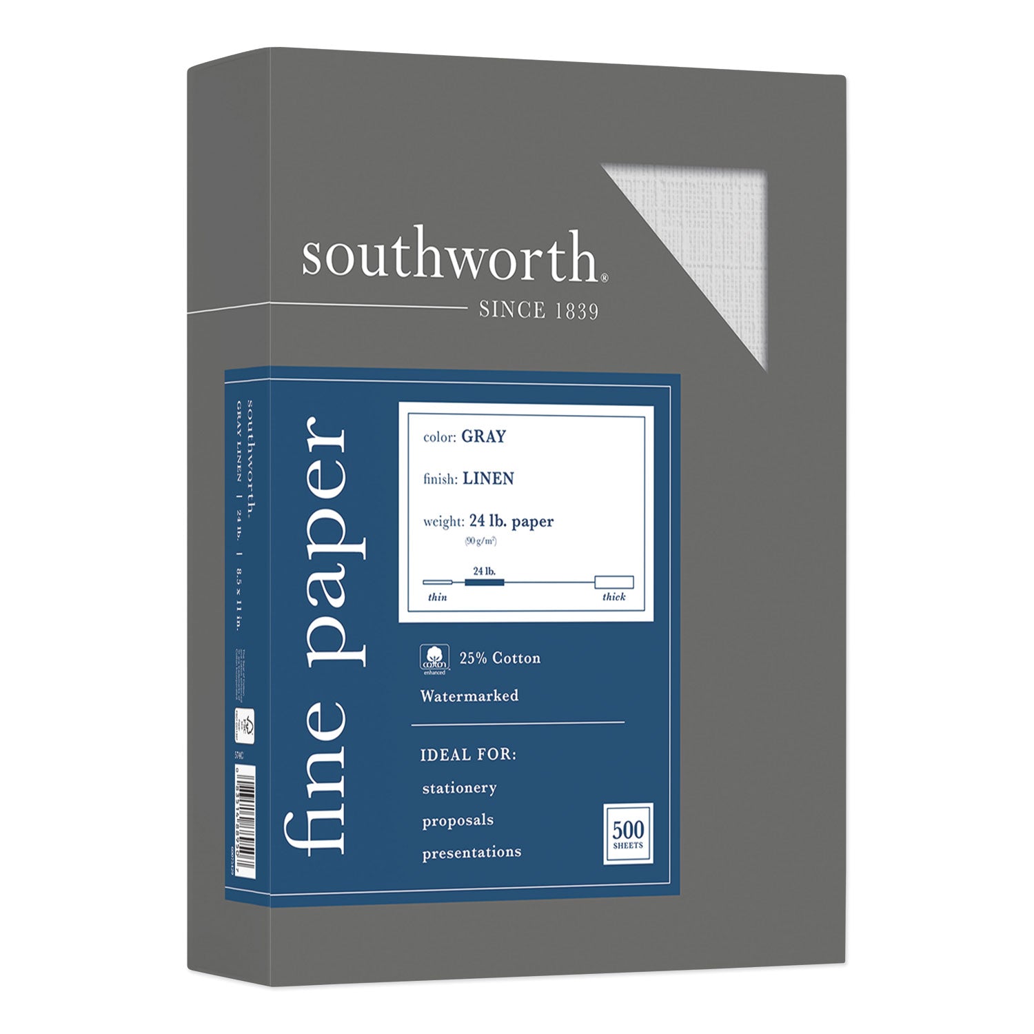 25% Cotton Linen Business Paper, 24 lb Bond Weight, 8.5 x 11, Gray, 500/Ream -