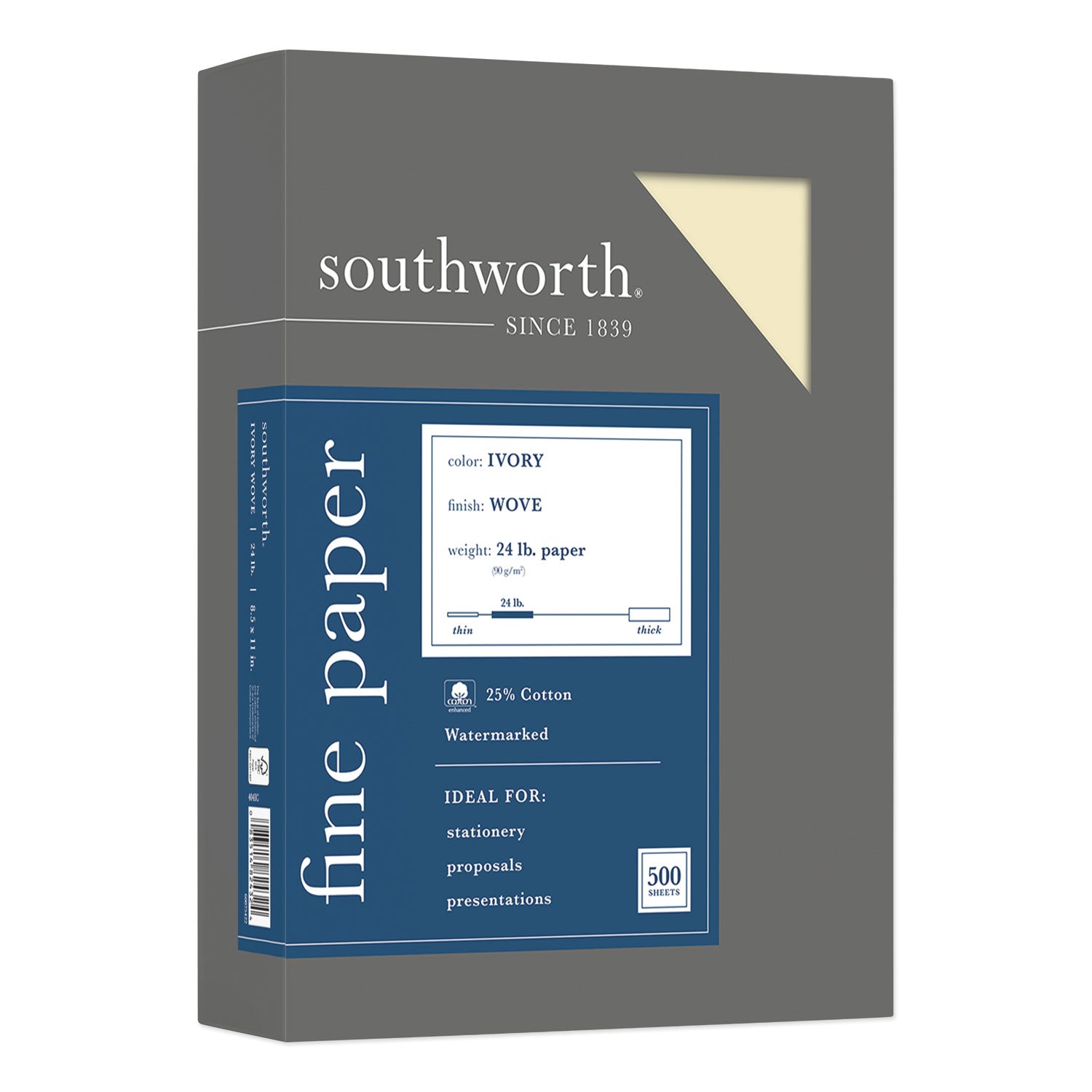 25% Cotton Business Paper, 95 Bright, 24 lb Bond Weight, 8.5 x 11, Ivory, 500 Sheets/Ream -