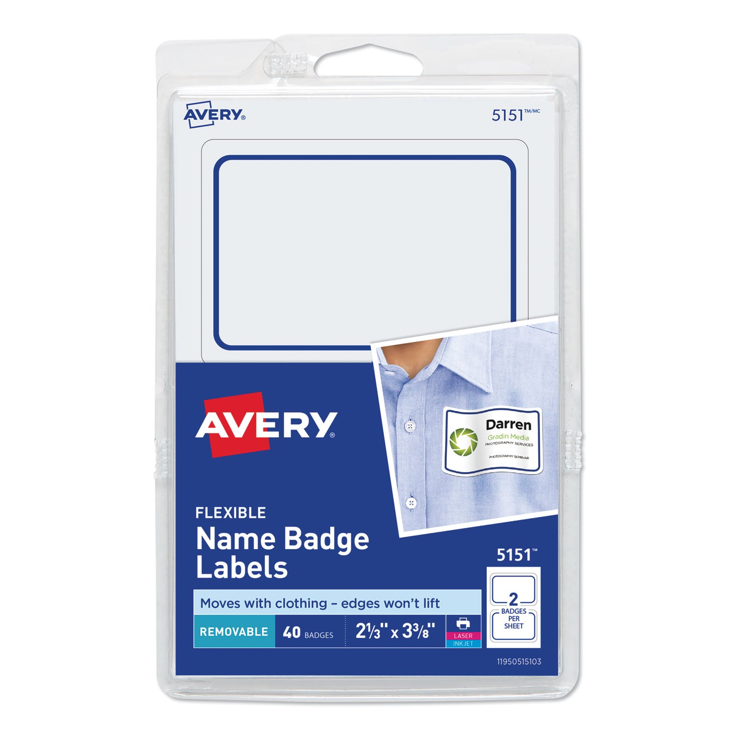 Flexible Adhesive Name Badge Labels, 3.38 x 2.33, White/Blue Border, 40/Pack -