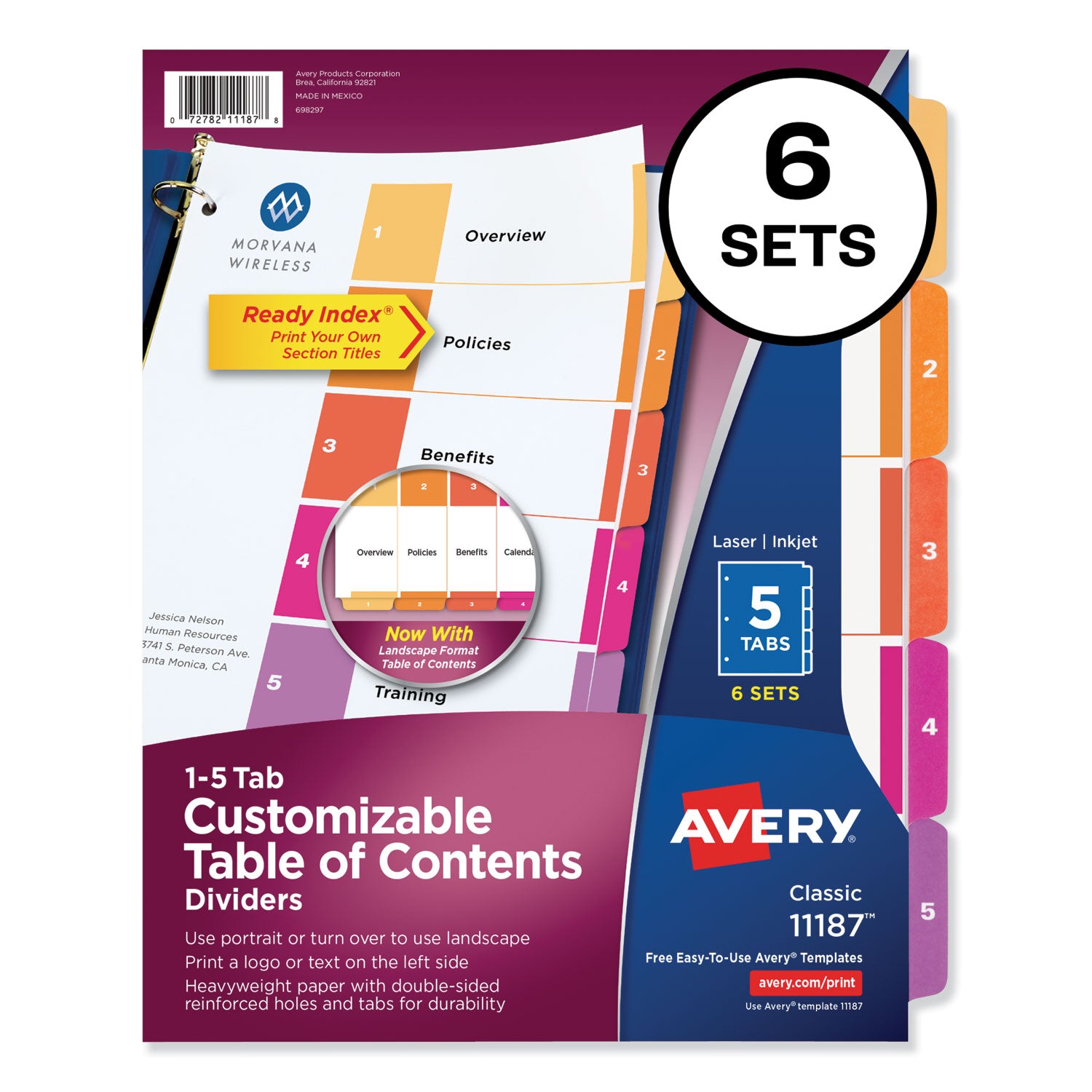 Customizable TOC Ready Index Multicolor Tab Dividers, 5-Tab, 1 to 5, 11 x 8.5, White, Traditional Color Tabs, 6 Sets -