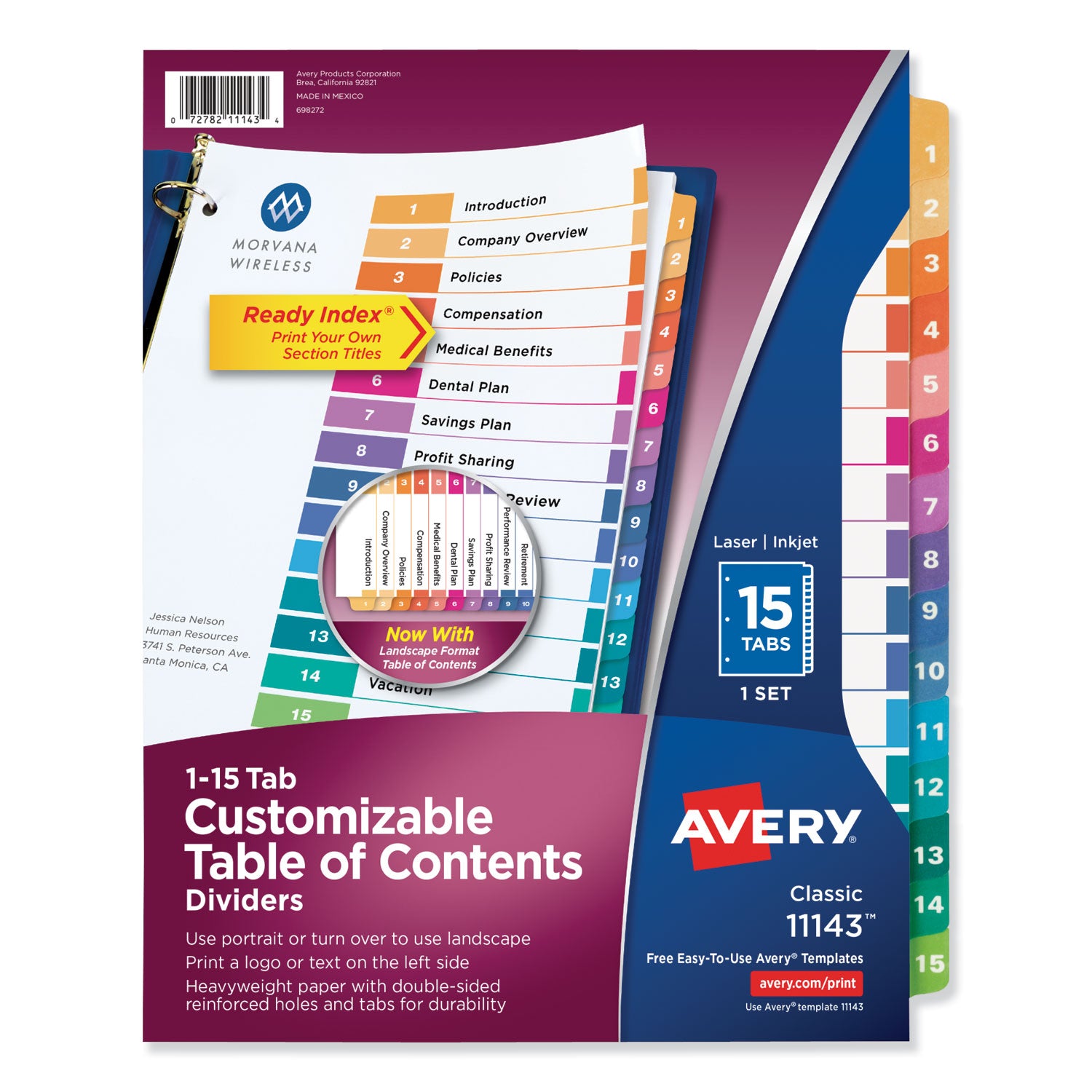 Customizable TOC Ready Index Multicolor Tab Dividers, 15-Tab, 1 to 15, 11 x 8.5, White, Traditional Color Tabs, 1 Set -