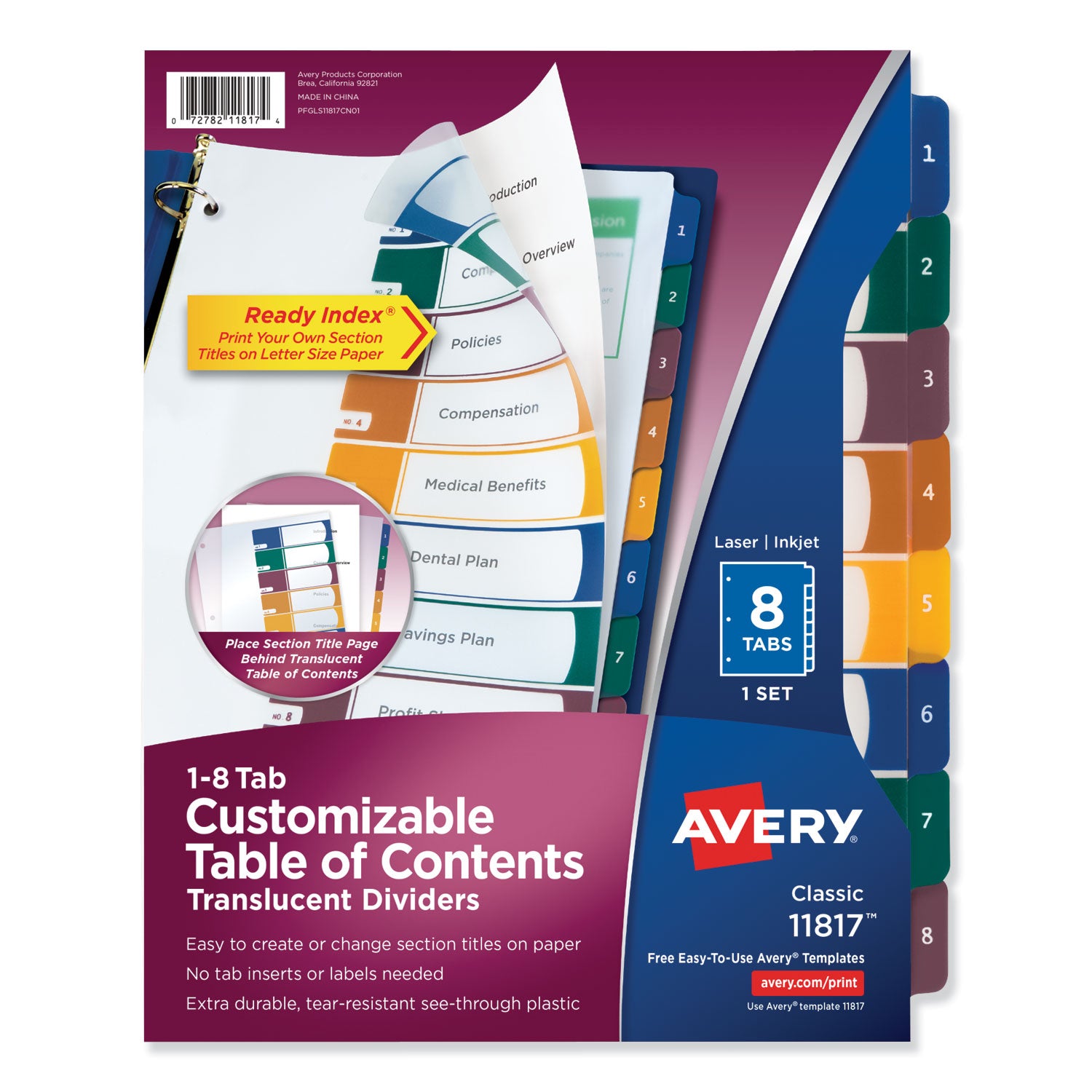 Customizable Table of Contents Ready Index Dividers with Multicolor Tabs, 8-Tab, 1 to 8, 11 x 8.5, Translucent, 1 Set -