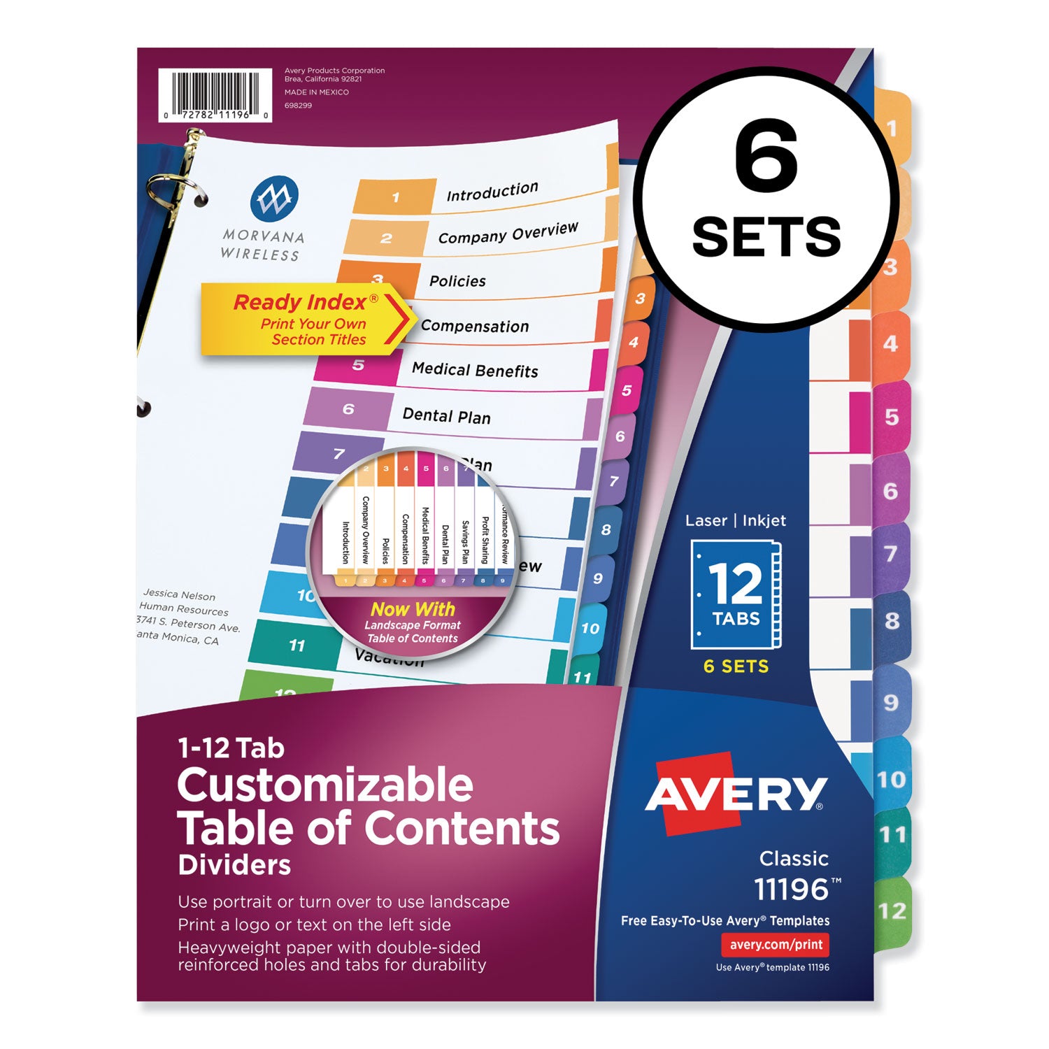 Customizable TOC Ready Index Multicolor Tab Dividers, 12-Tab, 1 to 12, 11 x 8.5, White, Traditional Color Tabs, 6 Sets -