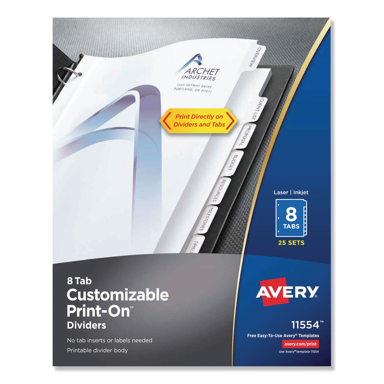 Customizable Print-On Dividers, 3-Hole Punched, 8-Tab, 11 x 8.5, White, 25 Sets -