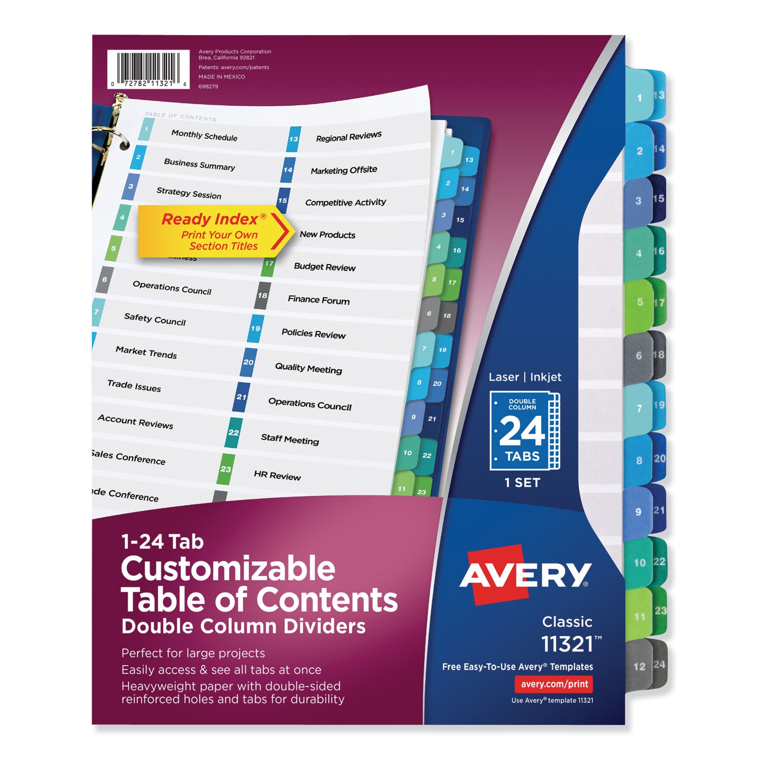Customizable TOC Ready Index Double Column Multicolor Tab Dividers, 24-Tab, 1 to 24, 11 x 8.5, White, 1 Set -