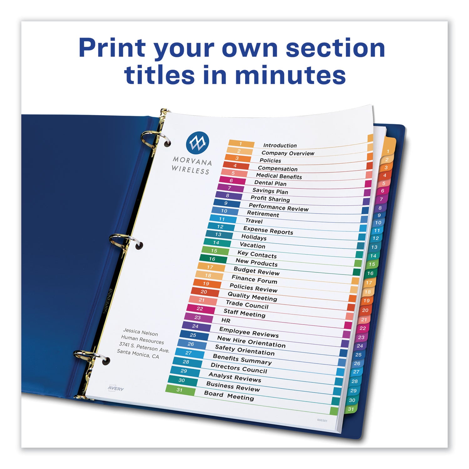 Customizable TOC Ready Index Multicolor Tab Dividers, 31-Tab, 1 to 31, 11 x 8.5, White, Traditional Color Tabs, 1 Set -