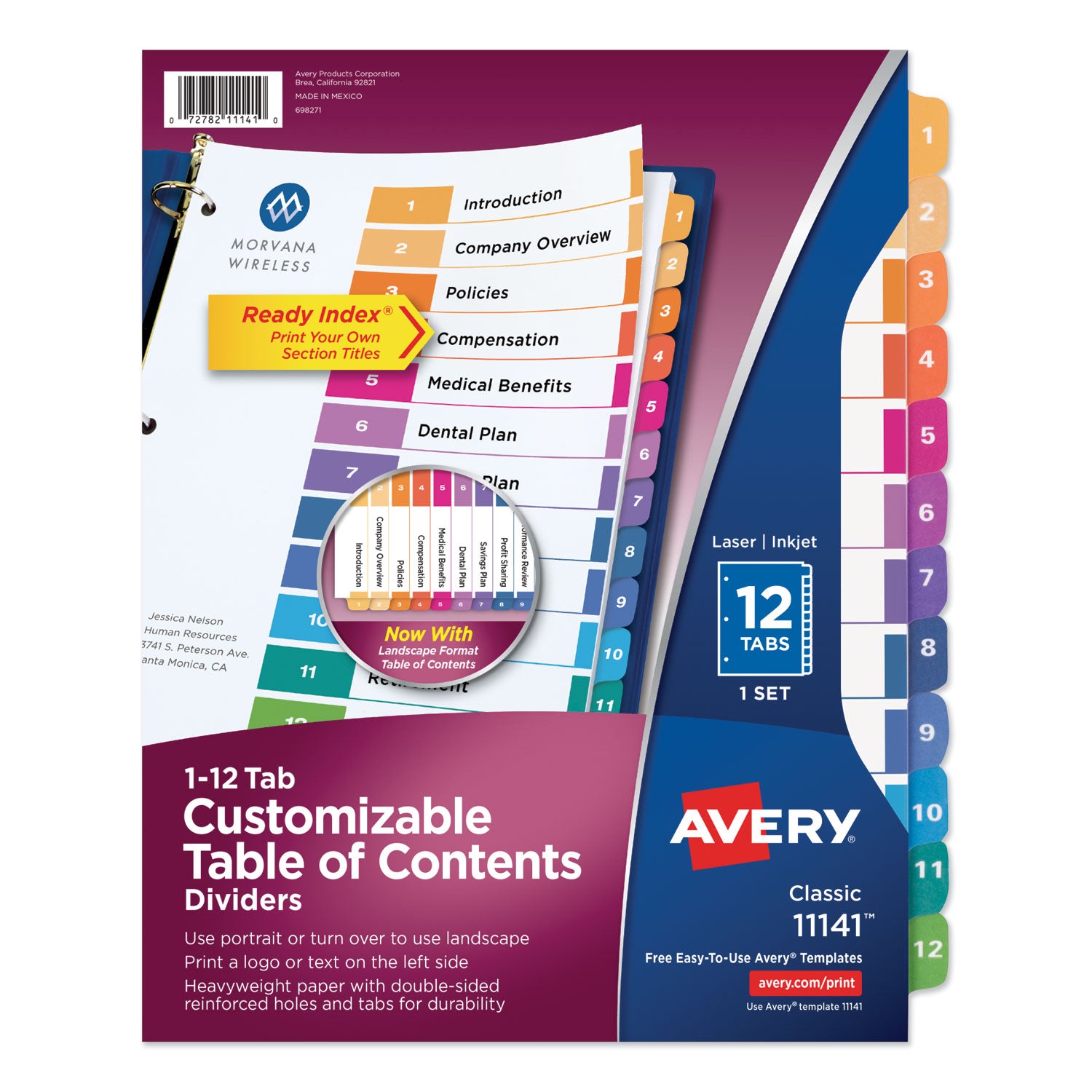 Customizable TOC Ready Index Multicolor Tab Dividers, 12-Tab, 1 to 12, 11 x 8.5, White, Traditional Color Tabs, 1 Set -