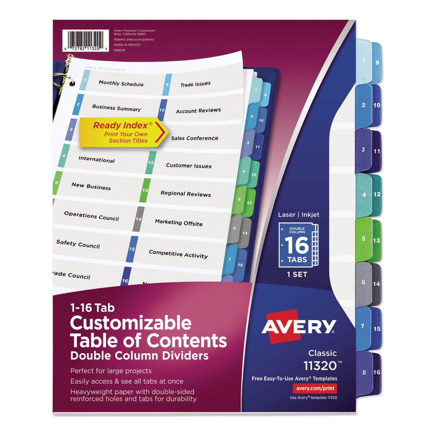 Customizable TOC Ready Index Double Column Multicolor Tab Dividers, 16-Tab, 1 to 16, 11 x 8.5, White, 1 Set -