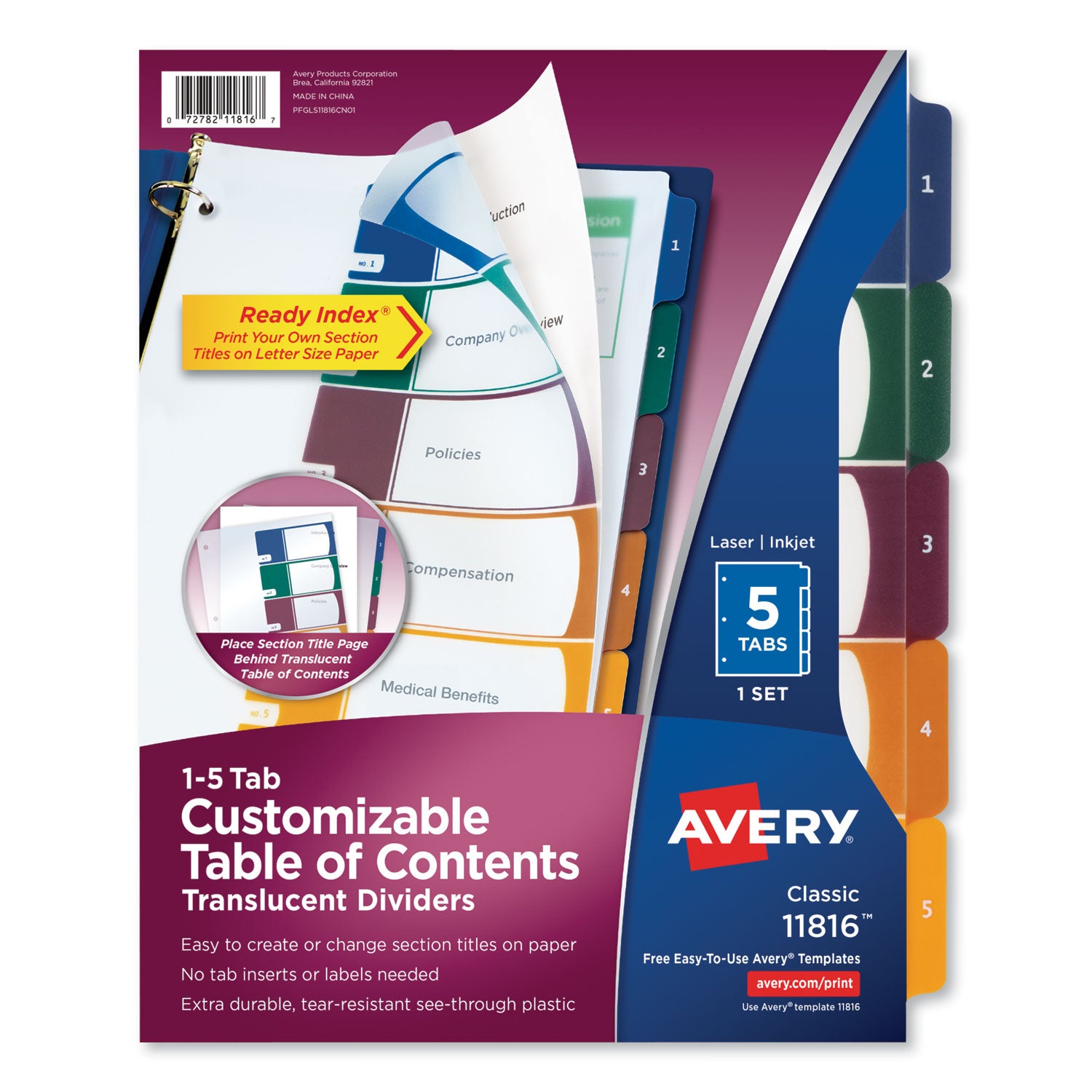 Customizable Table of Contents Ready Index Dividers with Multicolor Tabs, 5-Tab, 1 to 5, 11 x 8.5, Translucent, 1 Set -