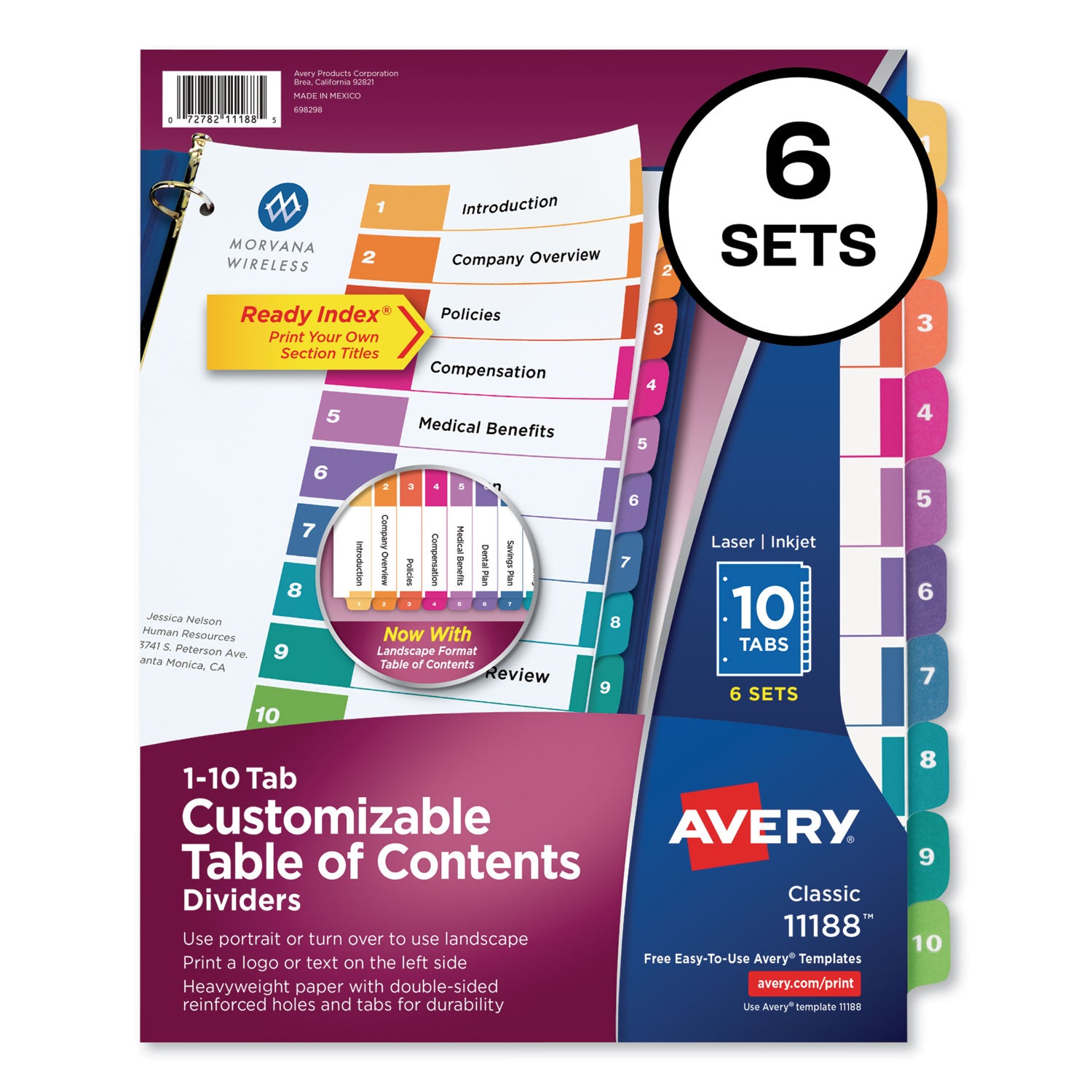 Customizable TOC Ready Index Multicolor Tab Dividers, 10-Tab, 1 to 10, 11 x 8.5, White, Traditional Color Tabs, 6 Sets -