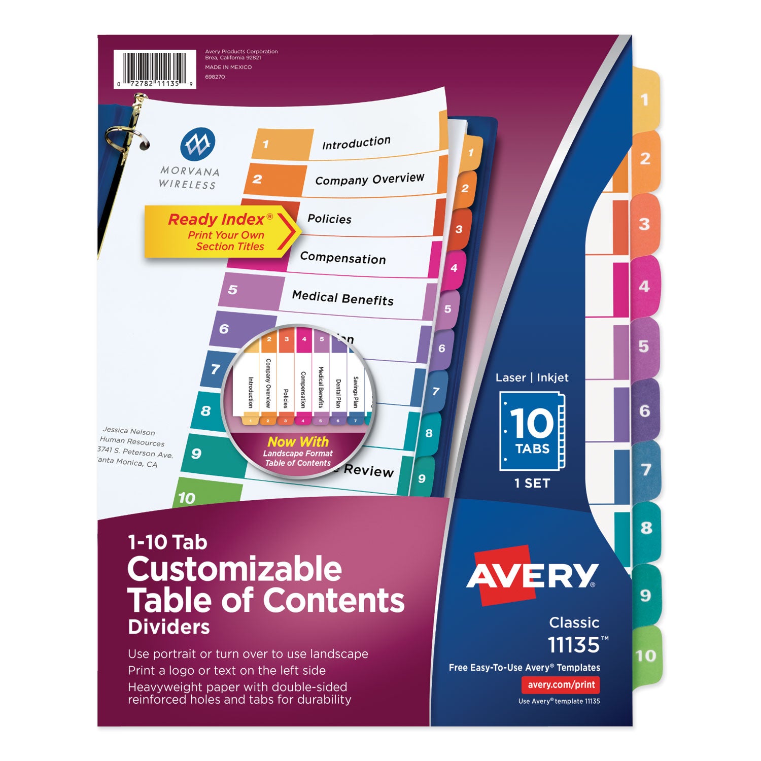 Customizable TOC Ready Index Multicolor Tab Dividers, 10-Tab, 1 to 10, 11 x 8.5, White, Traditional Color Tabs, 1 Set -