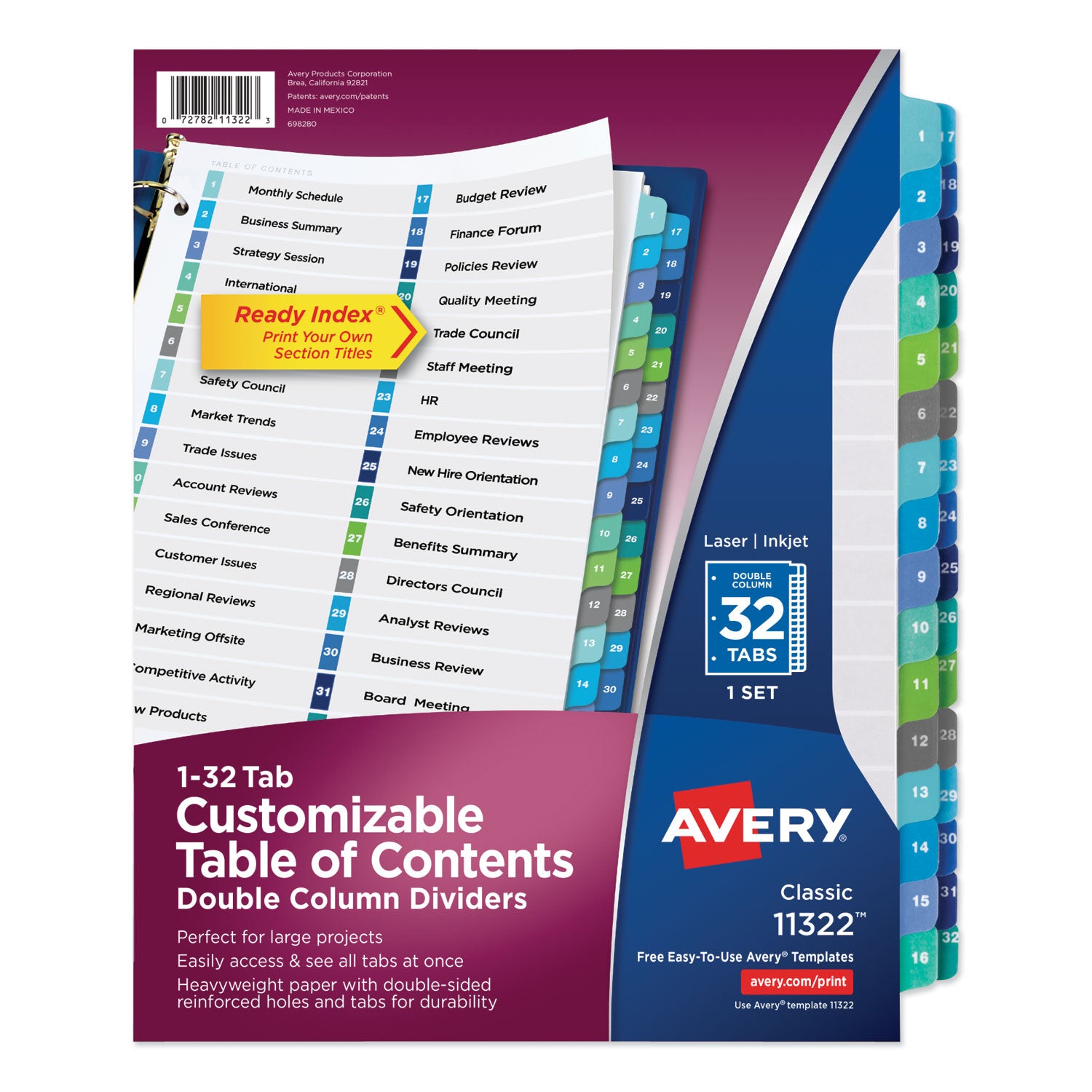 Customizable TOC Ready Index Double Column Multicolor Tab Dividers, 32-Tab, 1 to 32, 11 x 8.5, White, 1 Set -