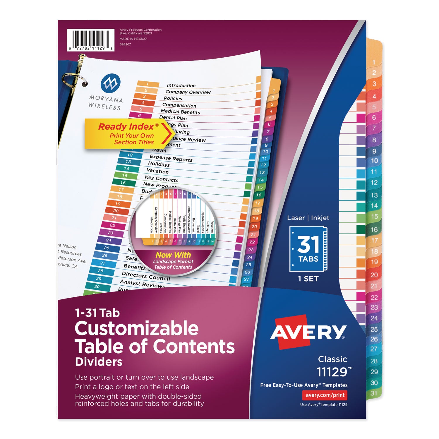 Customizable TOC Ready Index Multicolor Tab Dividers, 31-Tab, 1 to 31, 11 x 8.5, White, Traditional Color Tabs, 1 Set -