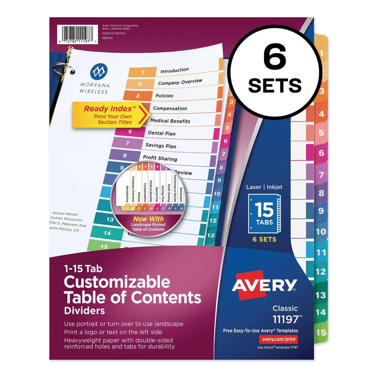 Customizable TOC Ready Index Multicolor Tab Dividers, 15-Tab, 1 to 15, 11 x 8.5, White, Traditional Color Tabs, 6 Sets -