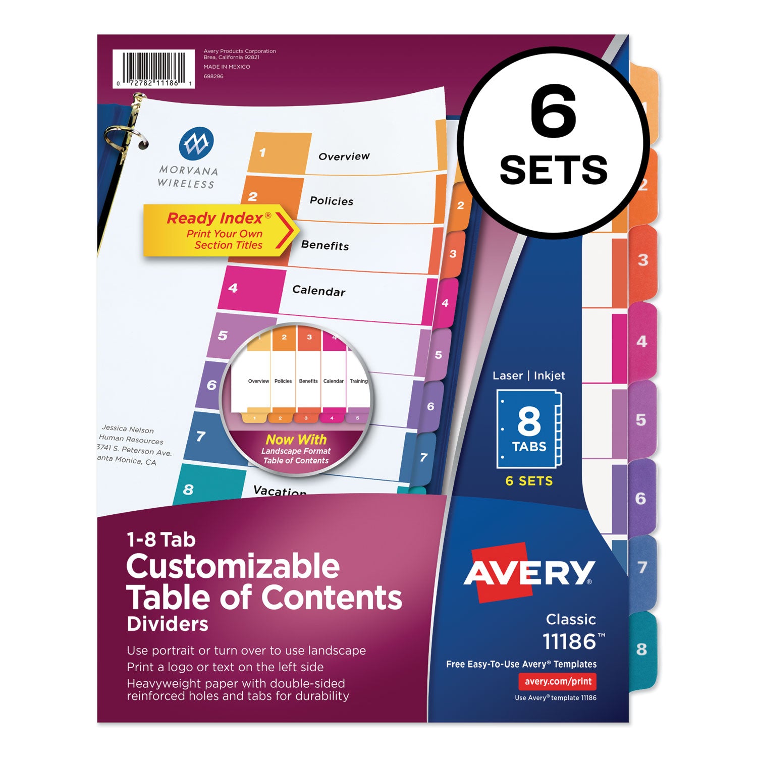 Customizable TOC Ready Index Multicolor Tab Dividers, 8-Tab, 1 to 8, 11 x 8.5, White, Traditional Color Tabs, 6 Sets -