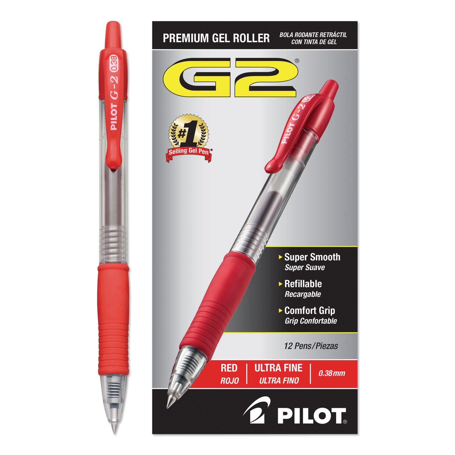 G2 Premium Gel Pen Convenience Pack, Retractable, Extra-Fine 0.38 mm, Red Ink, Smoke/Red Barrel -