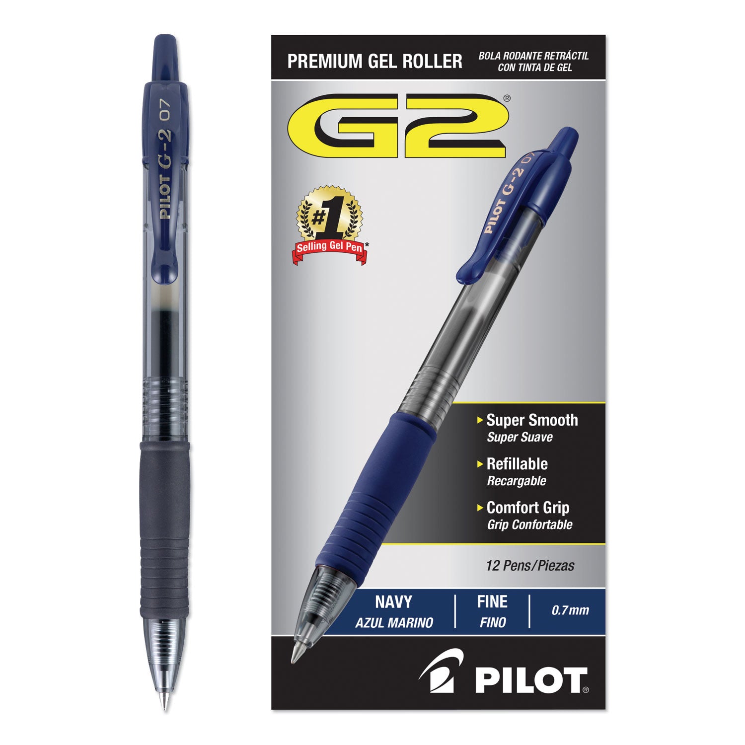 G2 Premium Gel Pen, Retractable, Fine 0.7 mm, Navy Blue Ink, Smoke/Blue Barrel, Dozen -