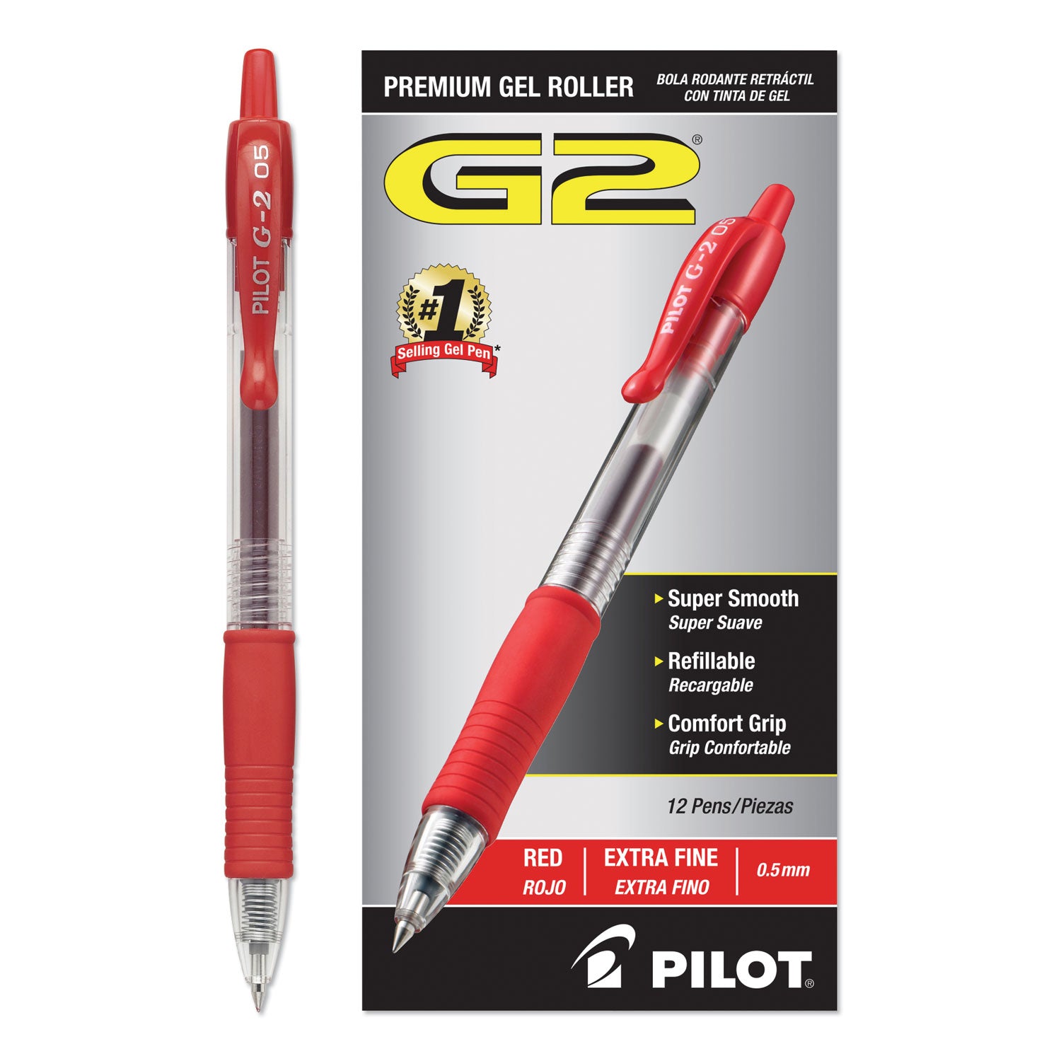 G2 Premium Gel Pen, Retractable, Extra-Fine 0.5 mm, Red Ink, Smoke/Red Barrel, Dozen -