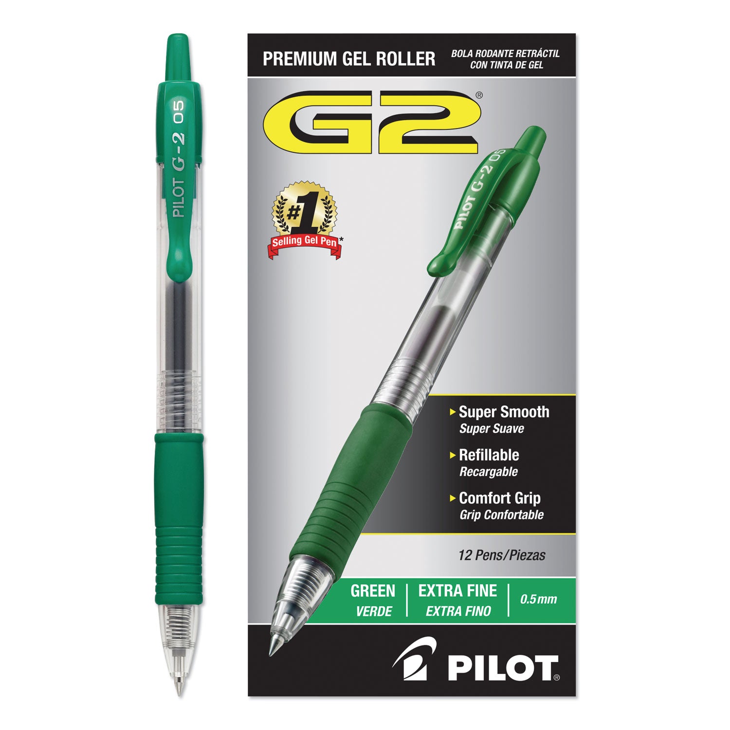 G2 Premium Gel Pen, Retractable, Extra-Fine 0.5 mm, Green Ink, Smoke/Green Barrel, Dozen -