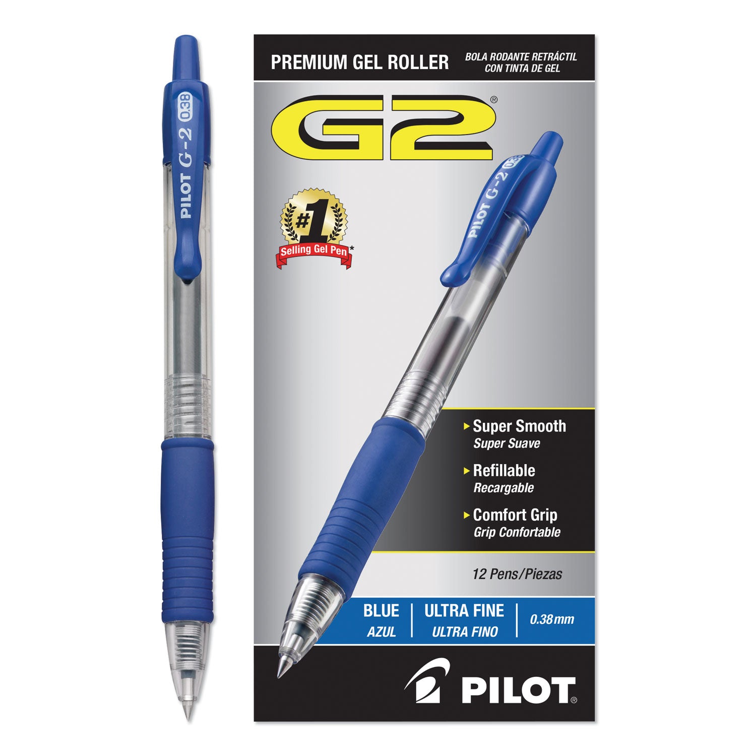 G2 Premium Gel Pen Convenience Pack, Retractable, Extra-Fine 0.38 mm, Blue Ink, Smoke/Blue Barrel, Dozen -