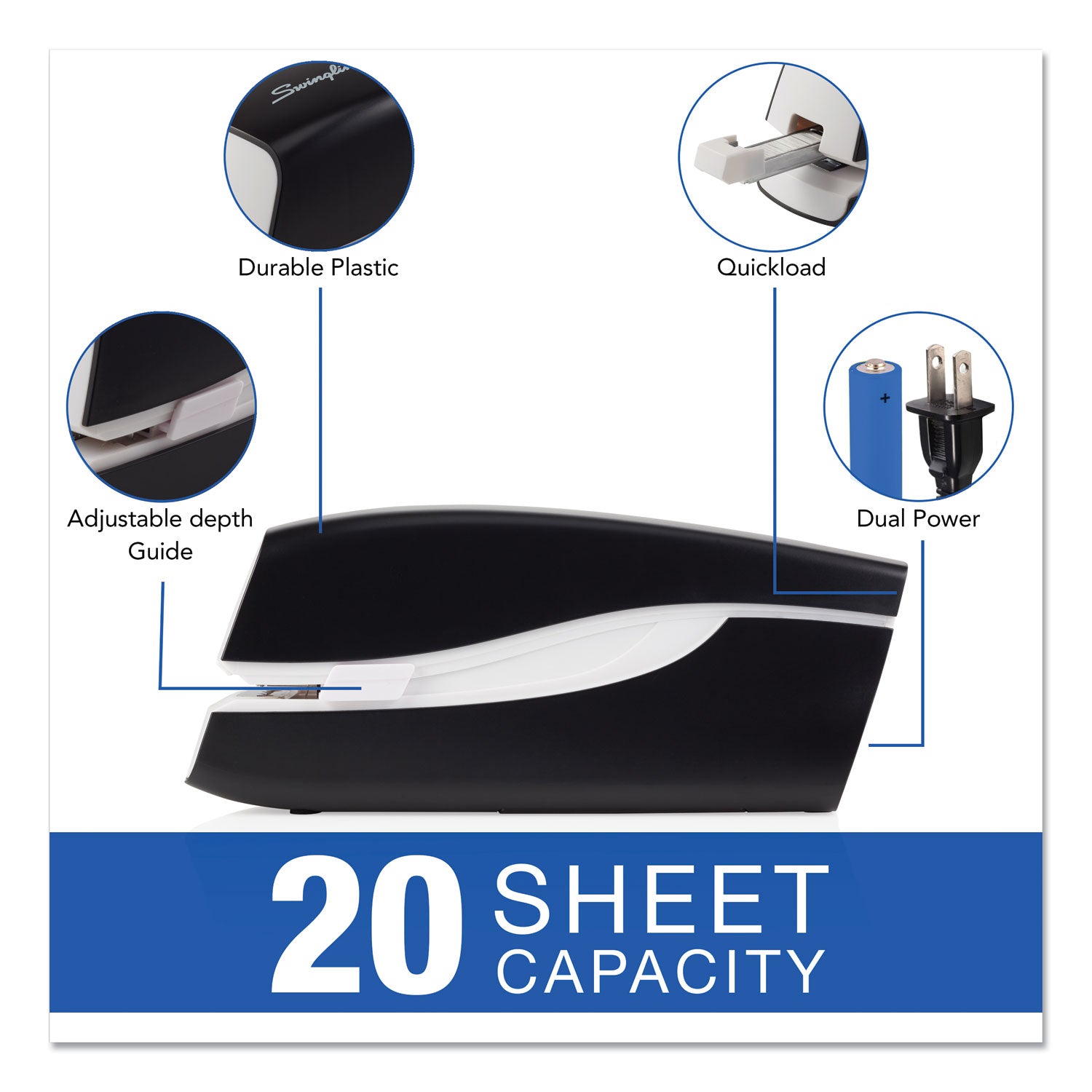 Portable Electric Stapler, 20-Sheet Capacity, Black -