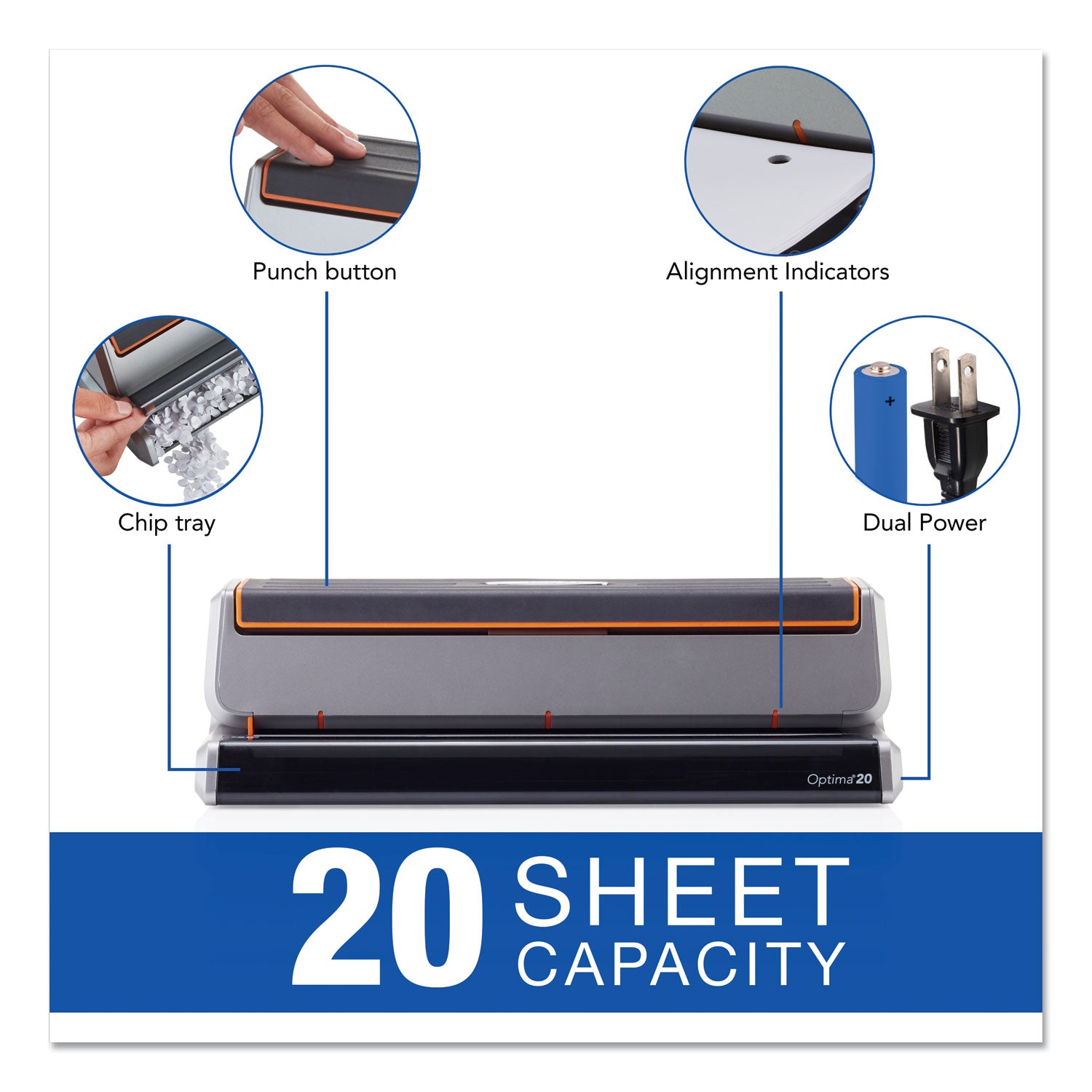 20-Sheet Optima 20 Electric Punch, Three-Hole, 9/32" Holes, Silver/Black -