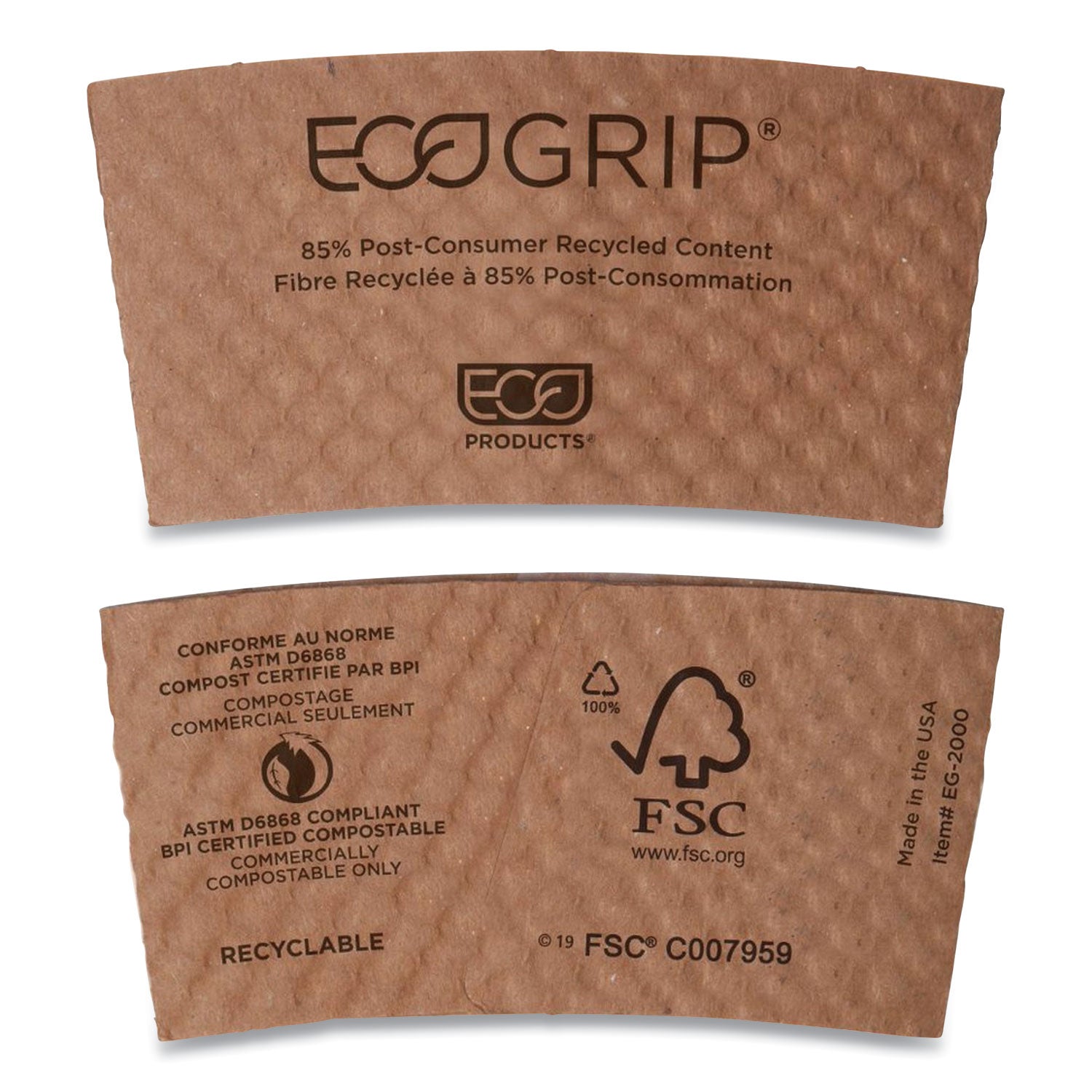 EcoGrip Hot Cup Sleeves - Renewable and Compostable, Fits 12, 16, 20, 24 oz Cups, Kraft, 1,300/Carton -