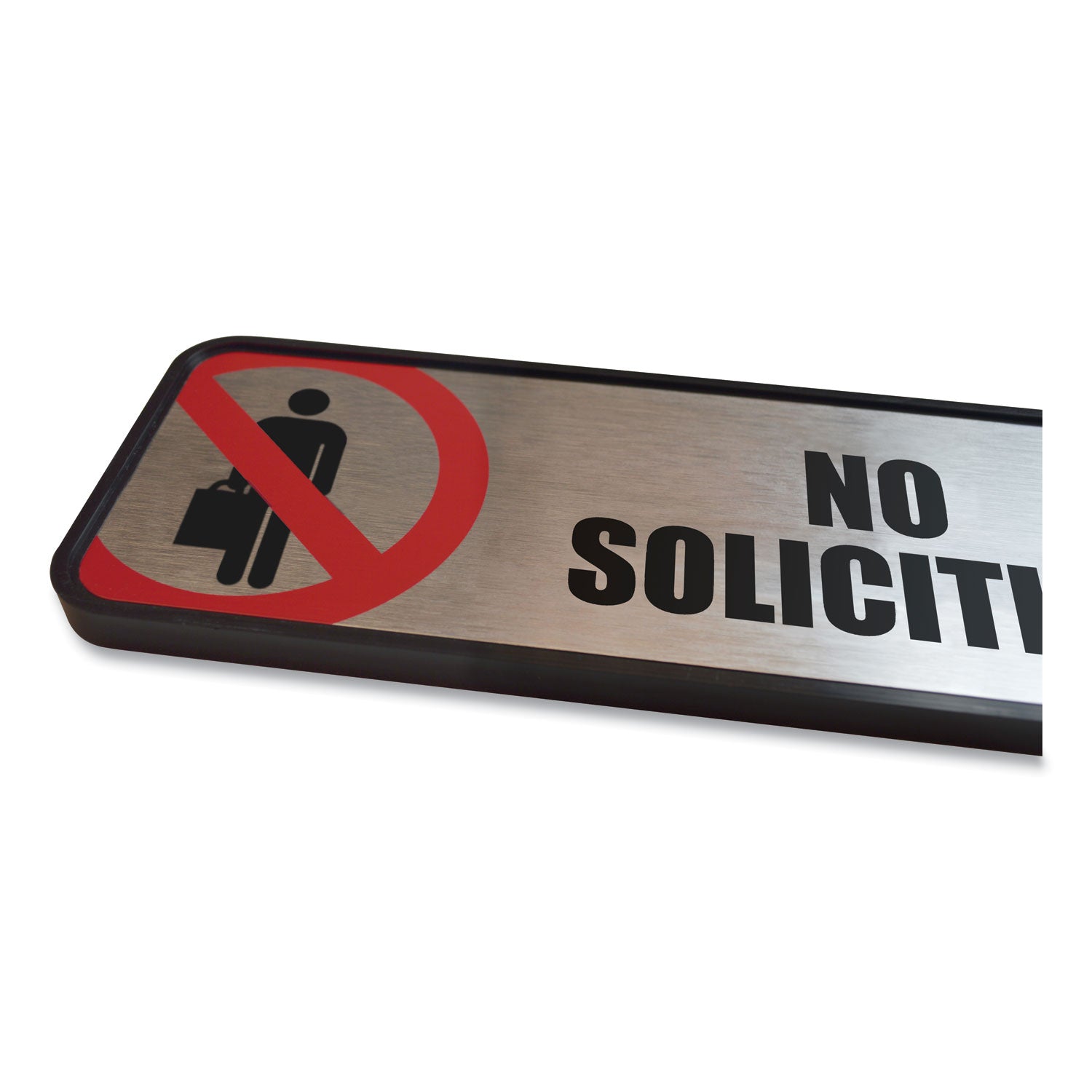 Brushed Metal Office Sign, No Soliciting, 9 x 3, Silver/Red -