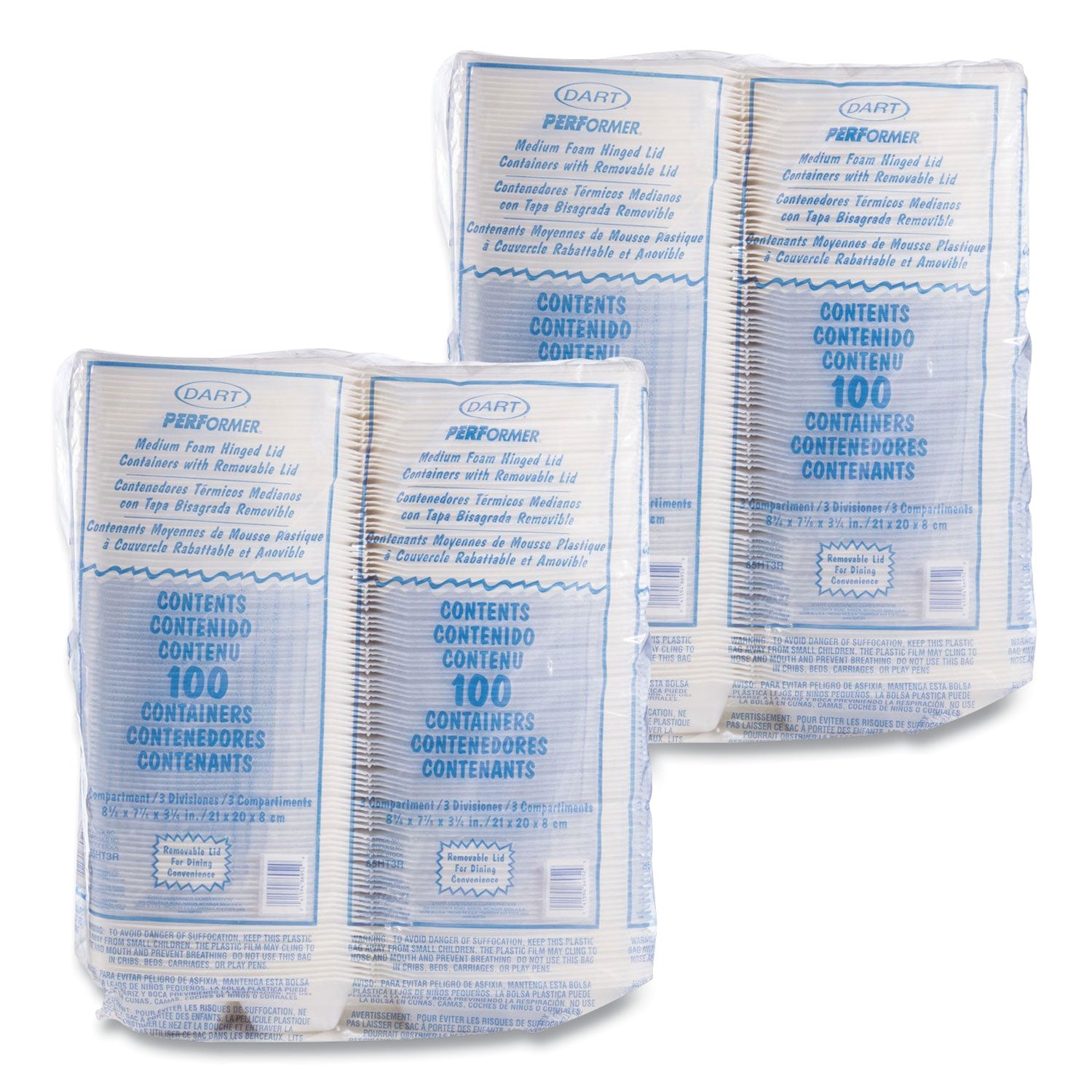 Foam Hinged Lid Containers, 3-Compartment, 8.38 x 7.78 x 3.25, 200/Carton -