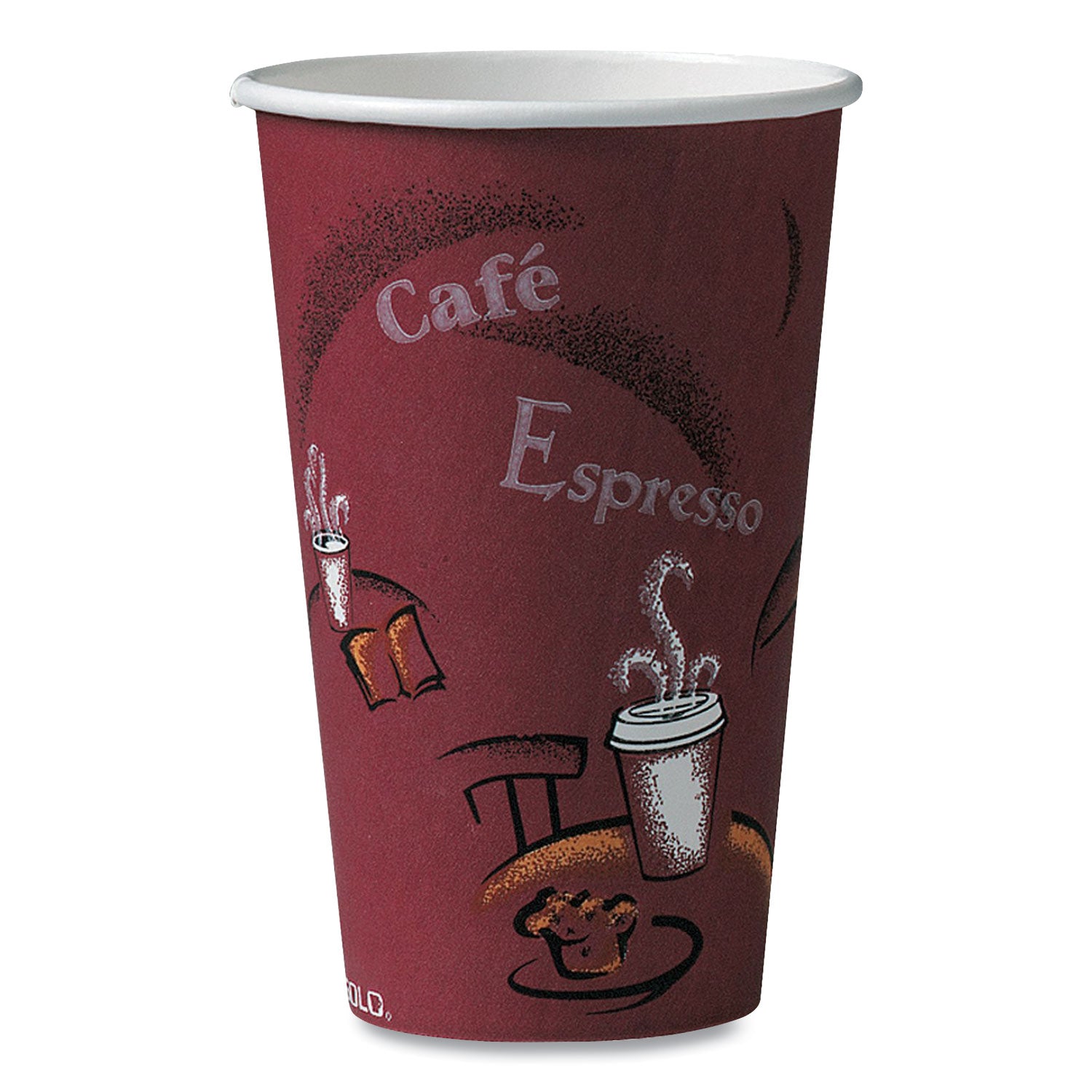Paper Hot Drink Cups in Bistro Design, 16 oz, Maroon, 1,000/Carton -