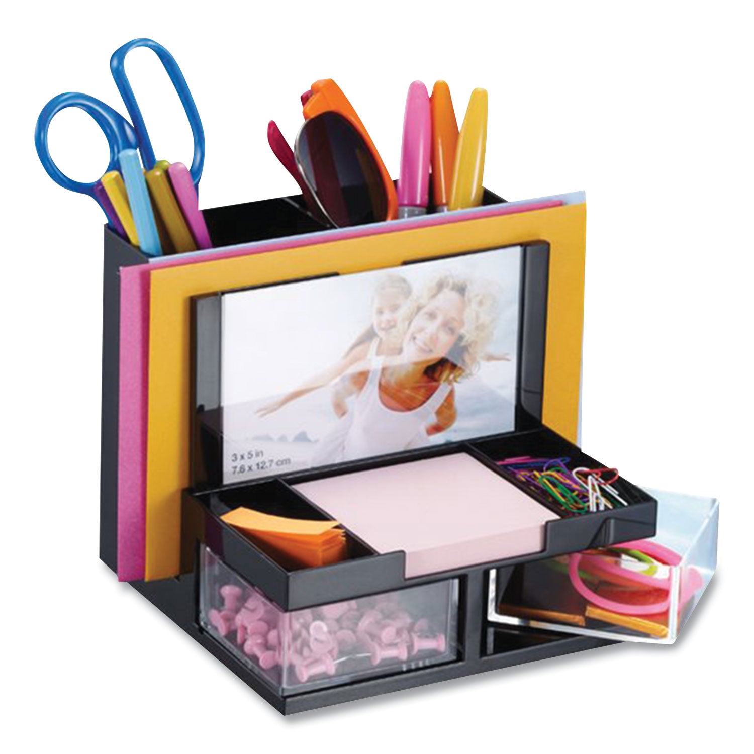 VersaPlus Desk Organizer,7 Compartments, Plastic, 6.19 x 6.31 x 5.5, Black -